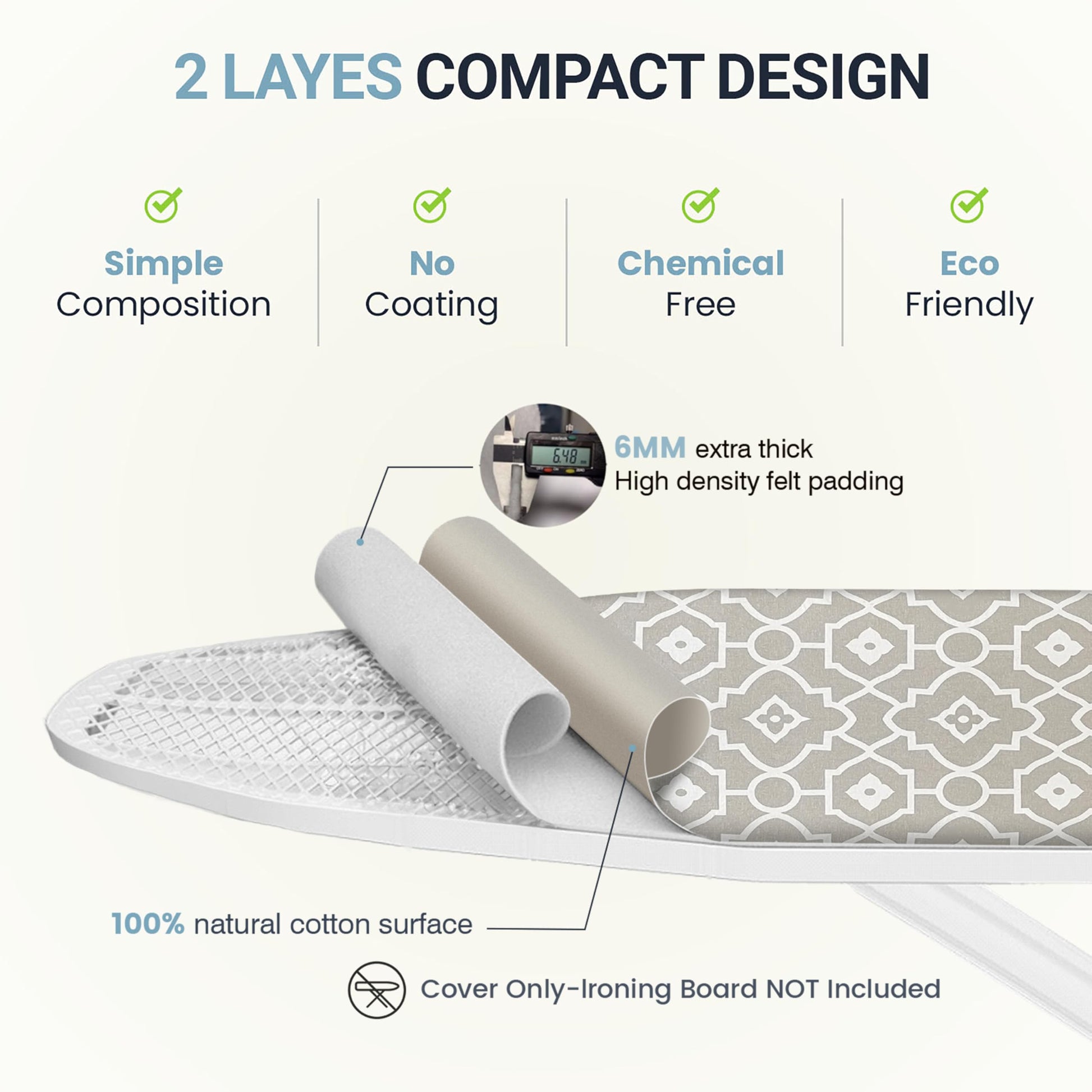 UniSimp Ironing Board Cover and Pad 15X54“ - Extra Thick Natural Cotton, Scorch & Stain-Resistant Padding, Standard Size Iron Board Cover with Metal Fasteners Heavy Duty Elastic Edge, Heatproof