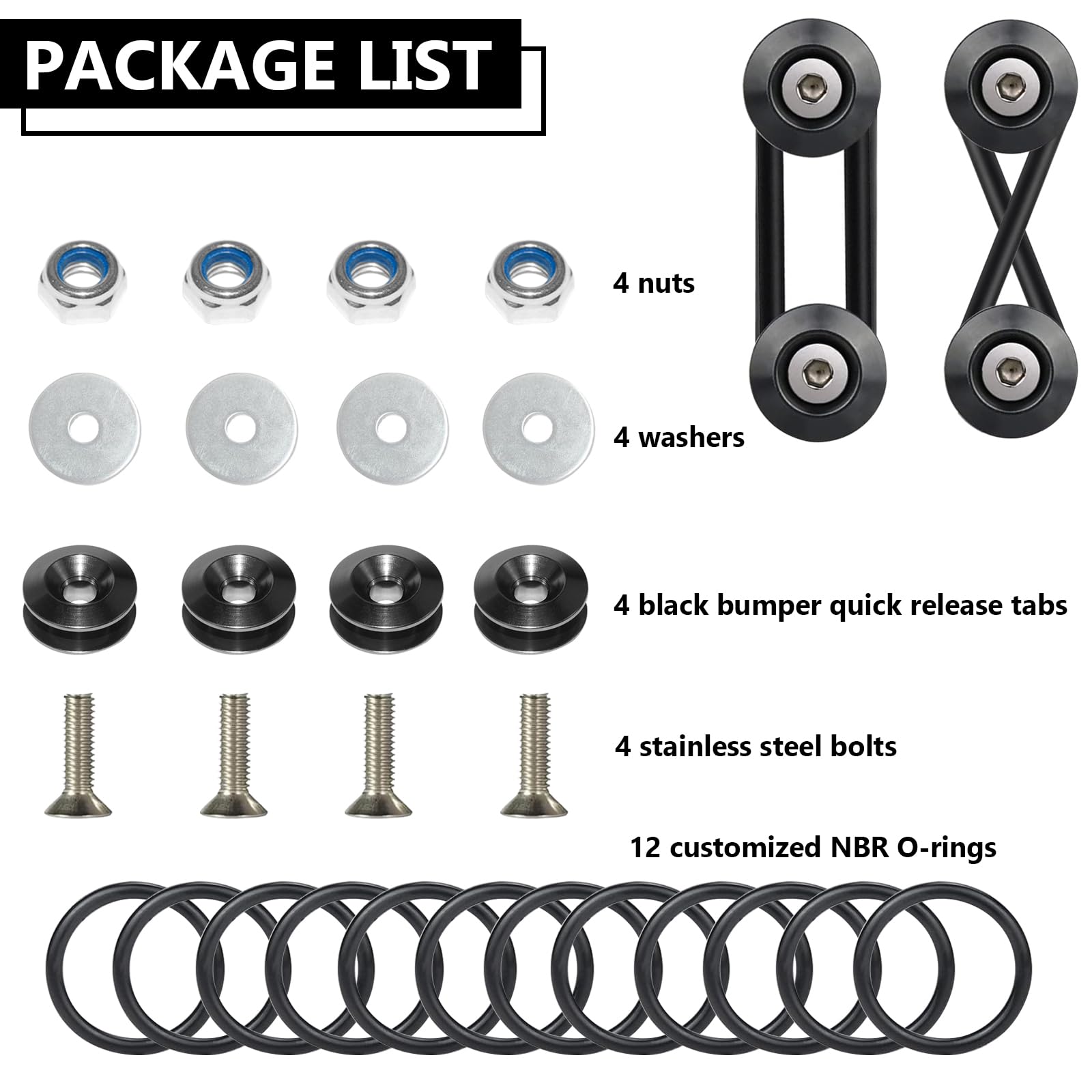 BFXM Universal Bumper Clips, Front Rear Bumper Quick Release Kit, Bumper Holders for Cars (4 Black Bumper Quick Release Tabs and 12 Customized O-Rings)