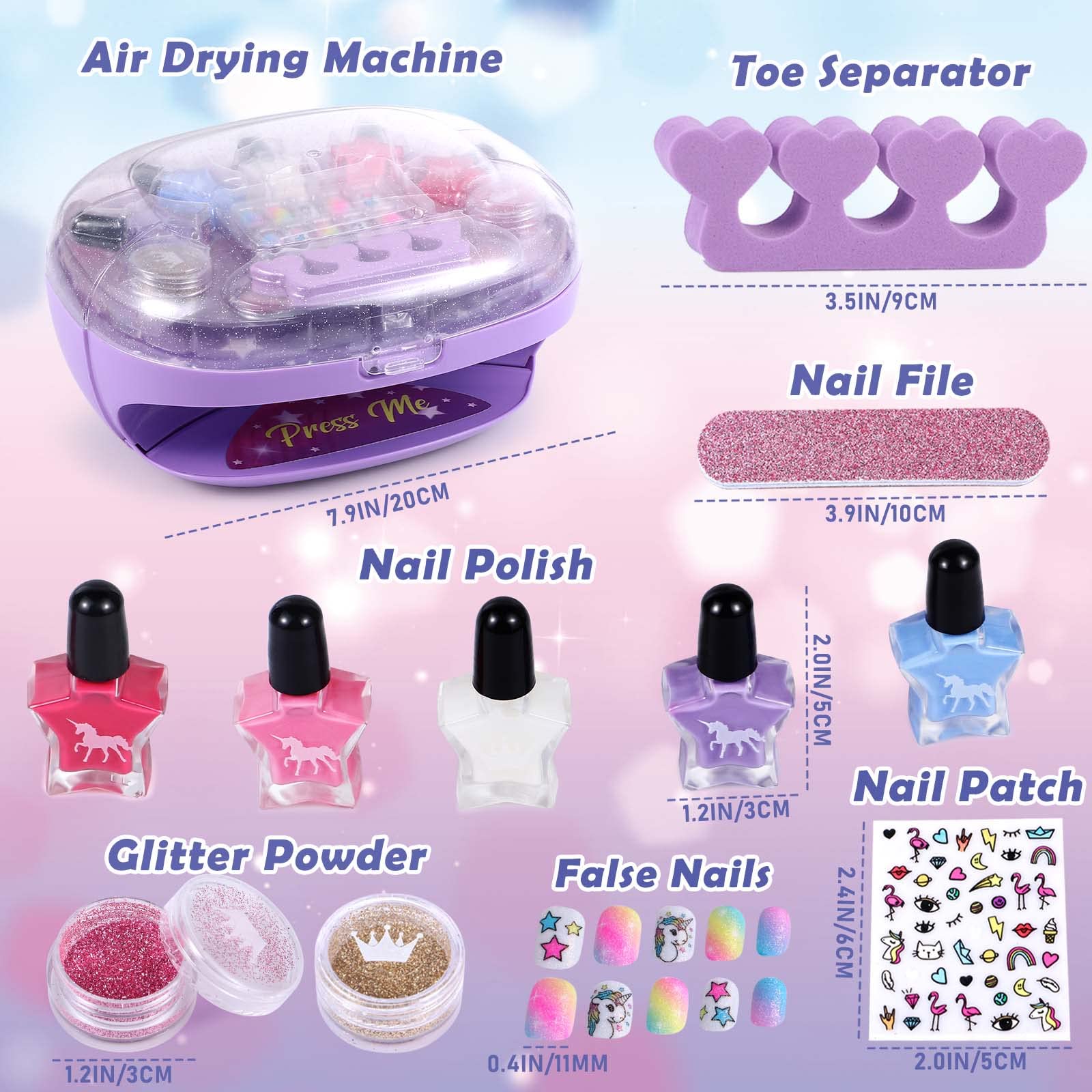 Golray Kids Nail Polish Set for Girls, All-in-One Nail Art Kit - Dryer/ Glitter Powder/ False Nails/ Nail Decals/ Toe Separator/File, Age 3-12 Little Girl Gift Toys