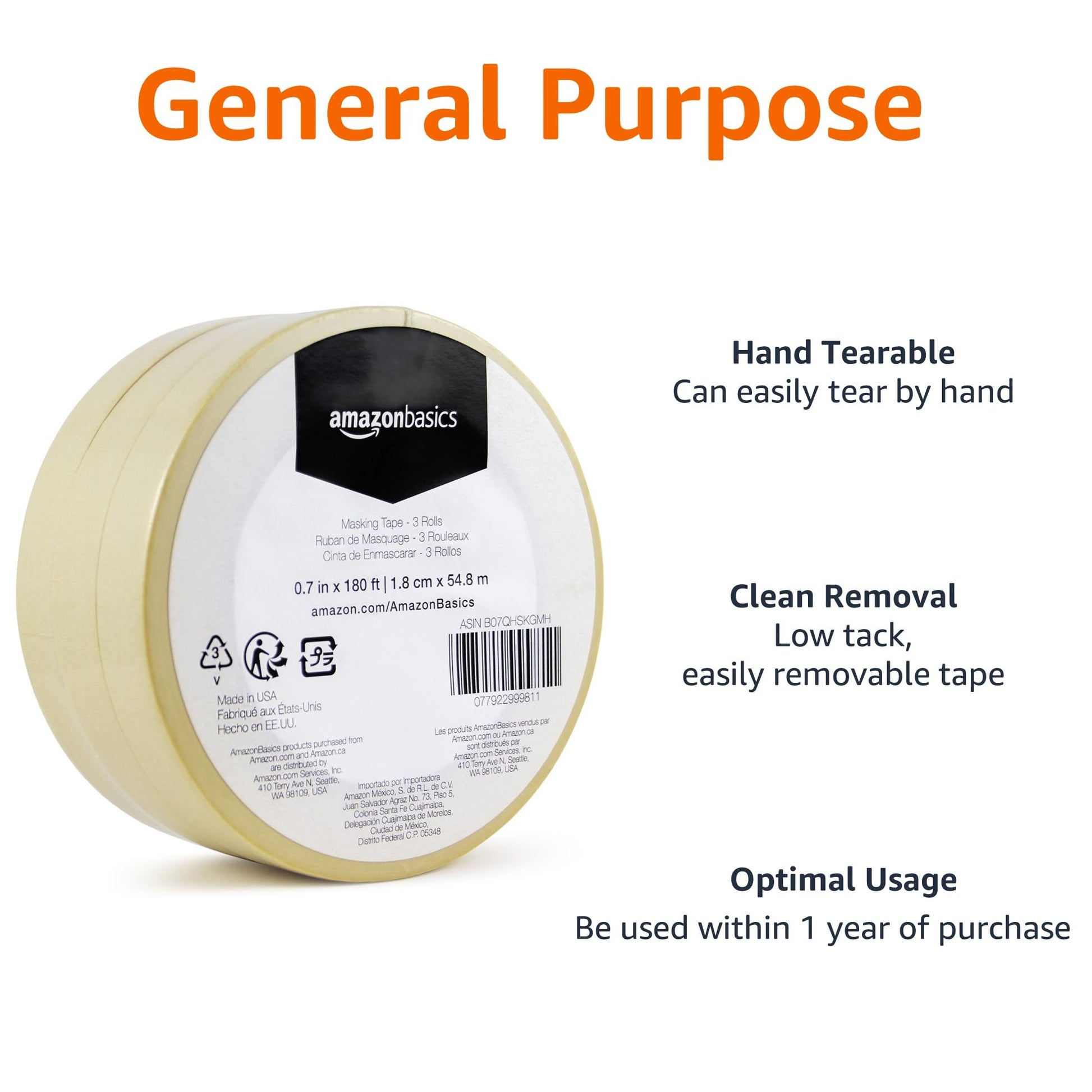 Amazon Basics Masking Tape, Pack of 3 Rolls, Beige, 0.7 inch x 180 feet