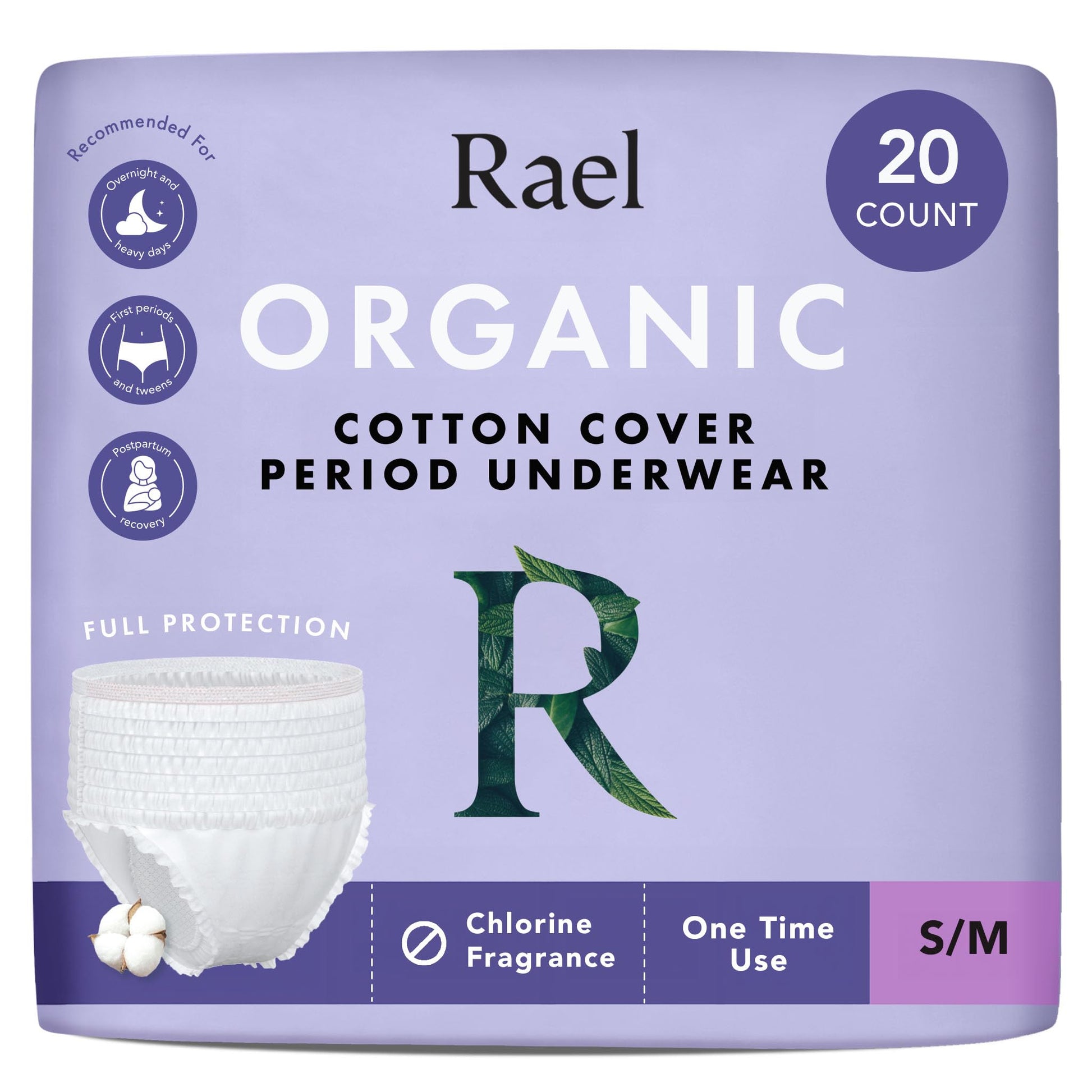 Rael Disposable Underwear for Women, Organic Cotton Cover - Postpartum Essentials, Leak Locker, Unscented, Maximum Coverage (Size S-M, 20 Count)