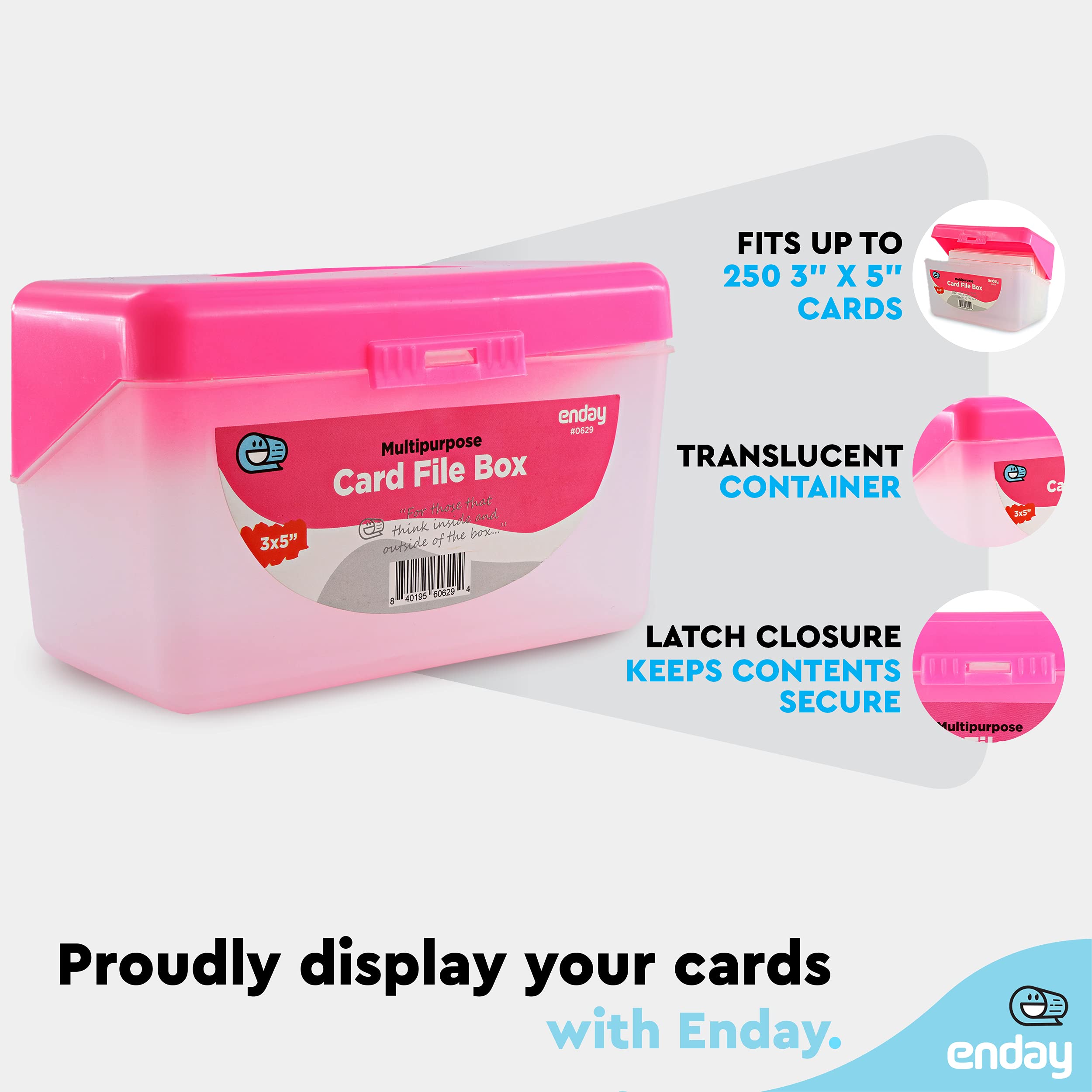 Enday Index Card Holder Pink, 3x5 Note Flash Card Organizer Case, Index Card File w/flip top, Notecard Recipe, Holder, Holds 250 Cards, Also Available in Purple, Red, Green, Blue, Grey (1 PC)