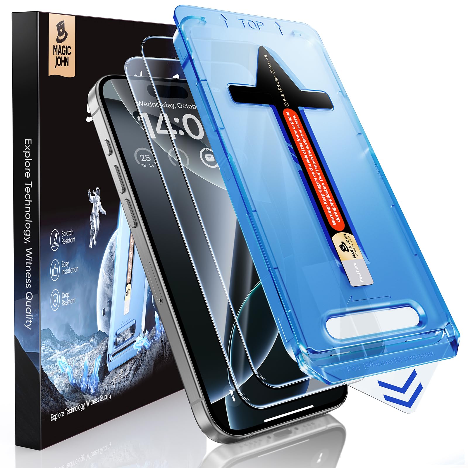 MAGIC JOHN 2 Pack لجهاز ايفون 16 برو ماكس 6.9 بوصة واقي شاشة من الزجاج المقوى، شفاف عالي الدقة، خالٍ من الفقاعات، سهل التركيب، إزالة الغبار تلقائيًا