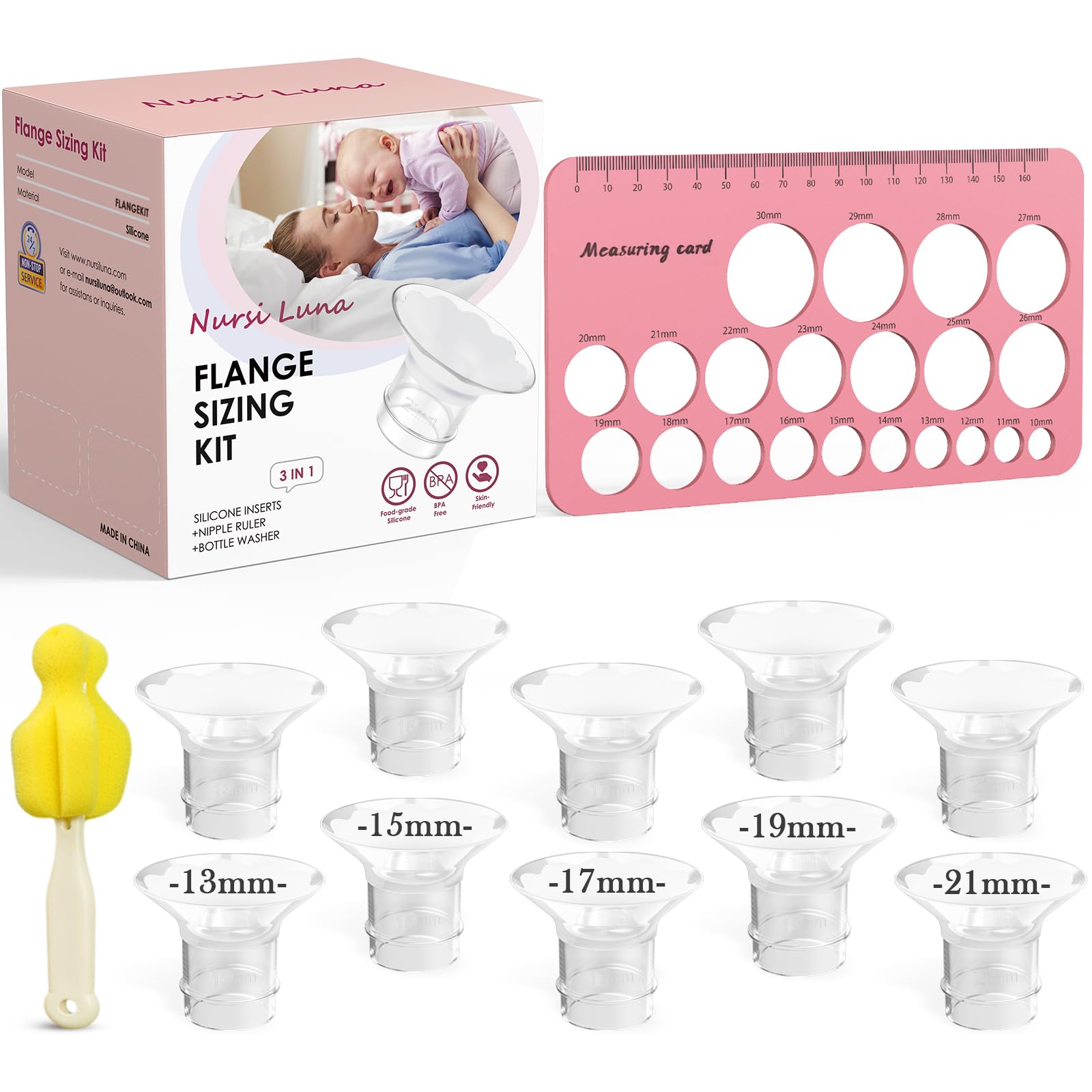 Nursi Luna Flange Sizing Kit 3 in 1 with 10PCS Flange Inserts 13/15/17/19/21mm, Silicone Breast Pump Flanges Insert Kit for 24mm Electric Breast Pump, Pumping Breastfeeding Essentials Kit for New Mom