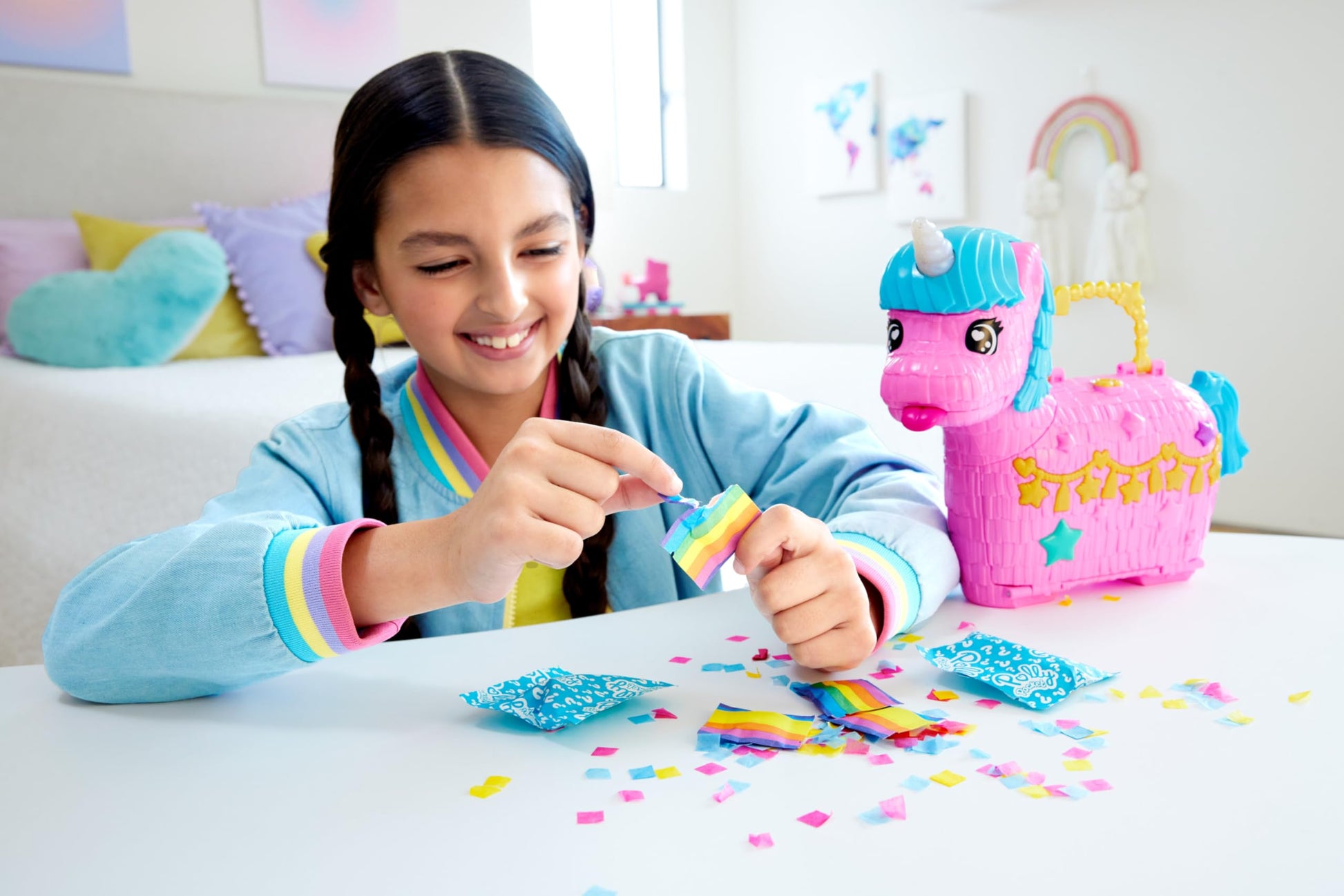 Polly Pocket Dolls & Playset with Pets & 25+ Surprise Accessories, Birthday Celebration Unicorn Partyland Playset, Hot Air Balloon Ride