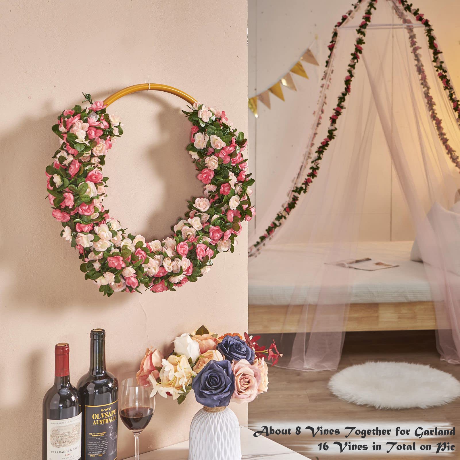 PONKING 8 Pcs x 8.2 ft Flower Garland Artificial Rose Vine Flowers with Green Leaves Hanging Fake Roses Vine for Room Party Home Wedding Birthday Christmas Wall Arch Decor, Spring Pink Flower