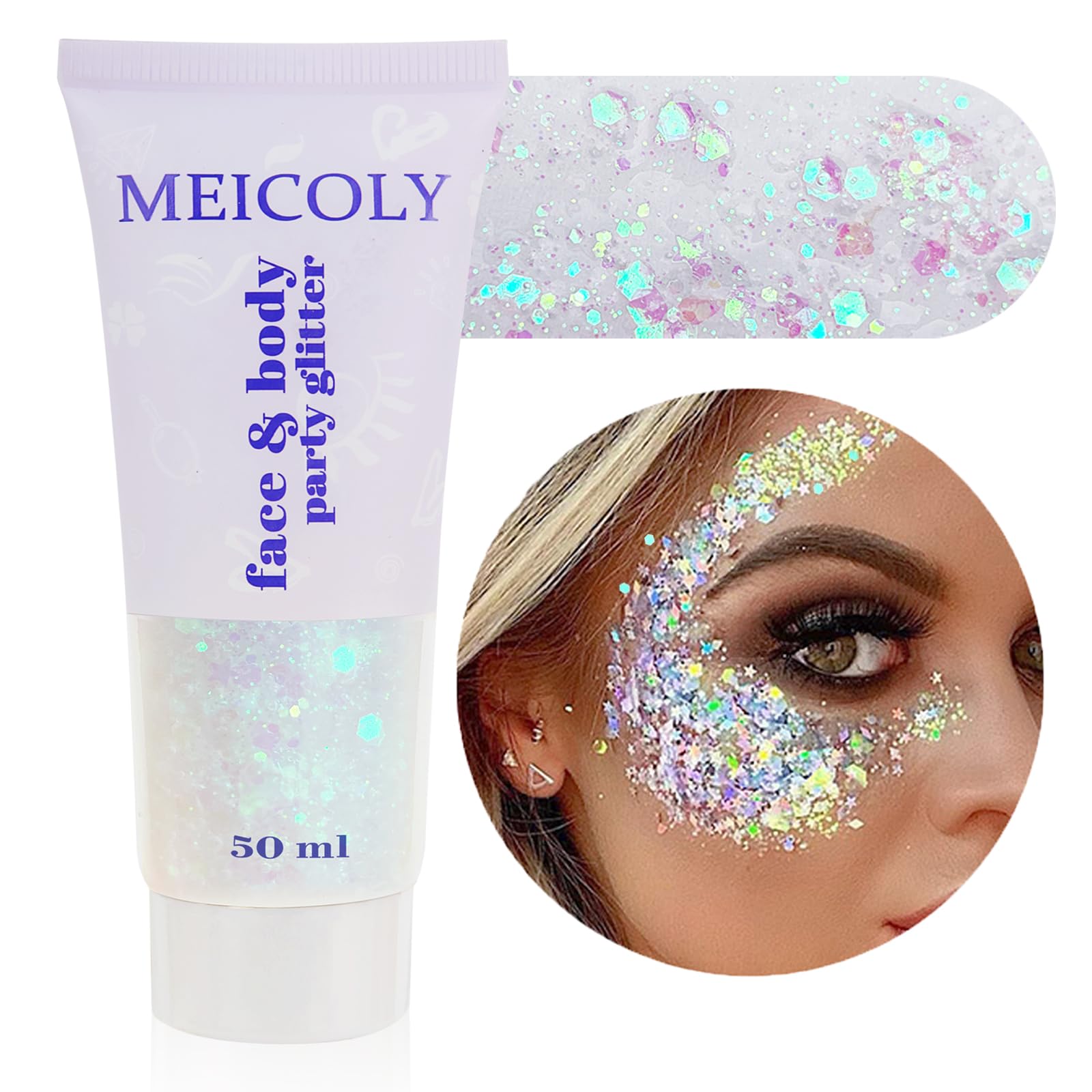 MEICOLY Clear White Body Glitter,Mardi Gras Face Glitter Makeup for Kids Women,Face Glitter for Running,Sparkly Chunky Hair Glitter,Singer Concert Festival Rave Accessories,Mermaid Glitter Face Paint