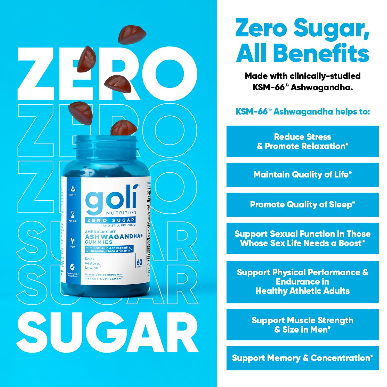 Goli Zero Sugar Ashwagandha & Vitamin D, Maca, L-Theanine Gummies, No Artificial Sweeteners, No Sugar Alcohols. Mixed Berry, KSM-66, Vegan, Plant Based, Non-GMO, Gluten-Free & Gelatin Free. (1)