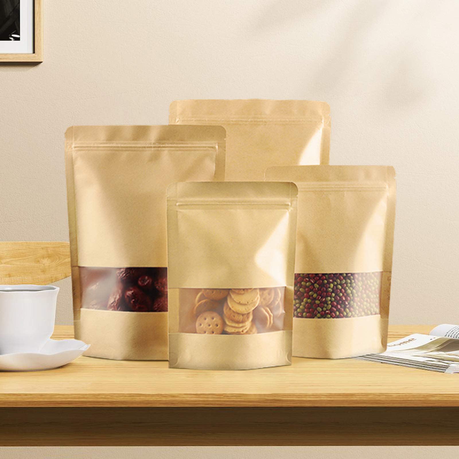 100 Pcs Paper Bags Resealable bags 3.5" x 5.5" Zipper Food Storage Bags, Stand Up, with Matte Window, Reusable, Sealable, for Packaging Products