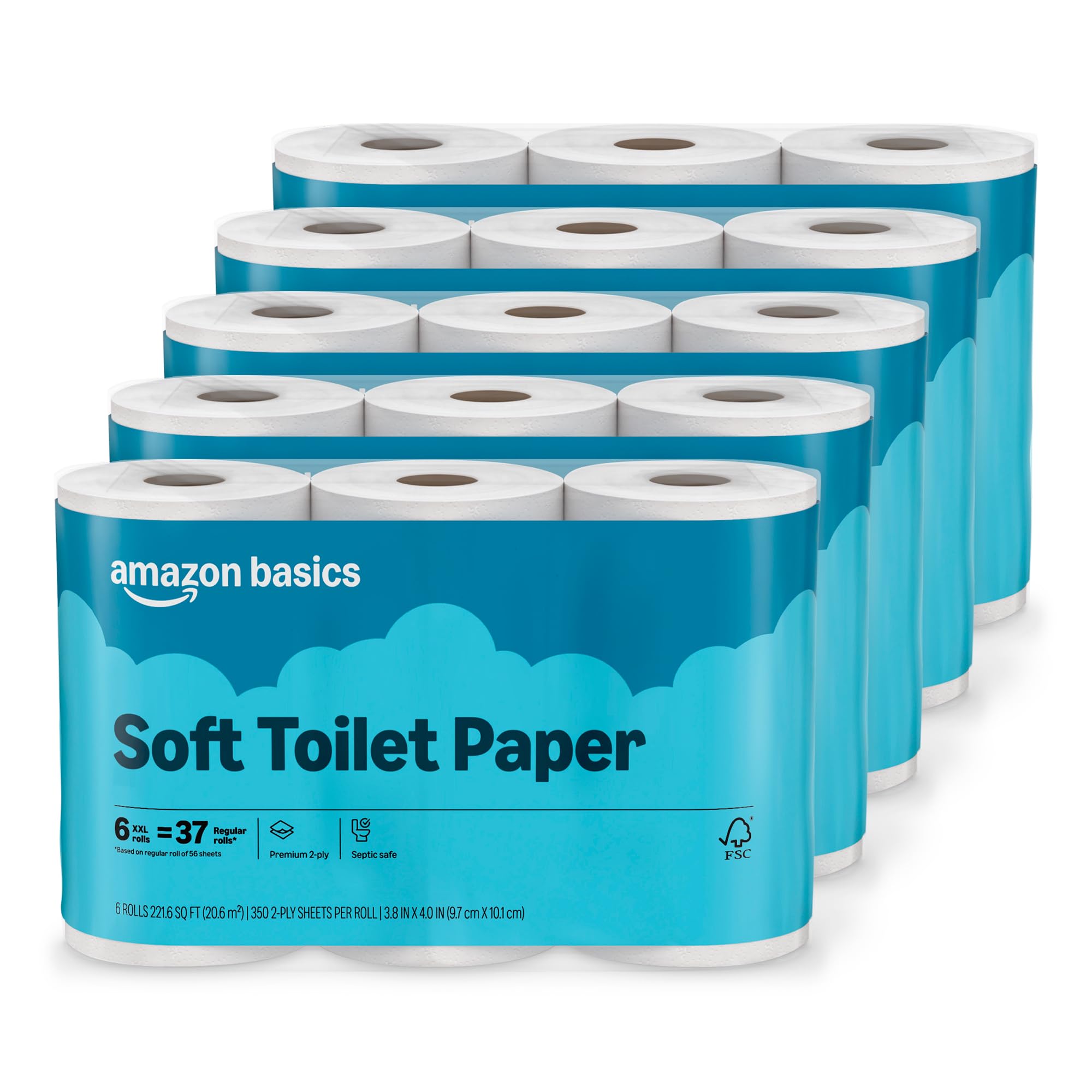 Basics 2-Ply Soft Toilet Paper, 30 Rolls (5 Packs of 6), Equivalent to 185 Regular Rolls, Packaging May Vary