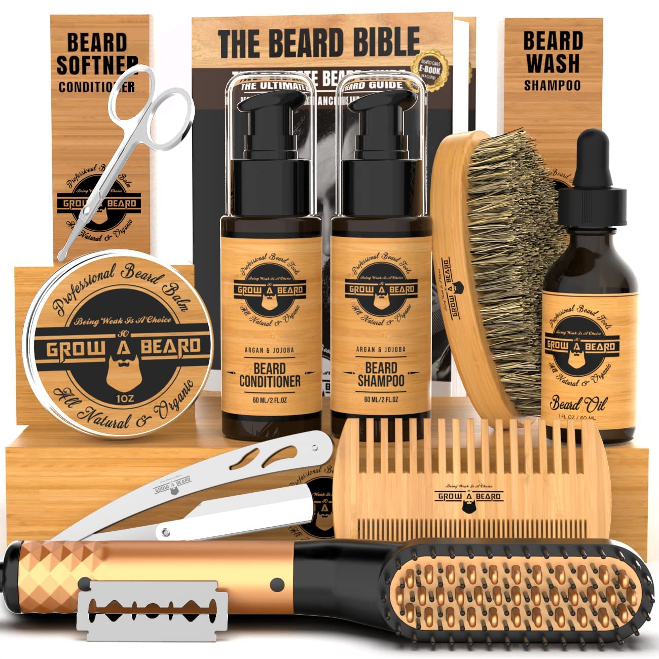 Beard Straightener Grooming Kit for Men, Beard Growth Kit, Wash, Brush & Comb, Unscented Growth Oil, All Natural Chanel Balm, Conditioner, Razor & Scissors, Great Gift Idea for Men's (Bamboo)