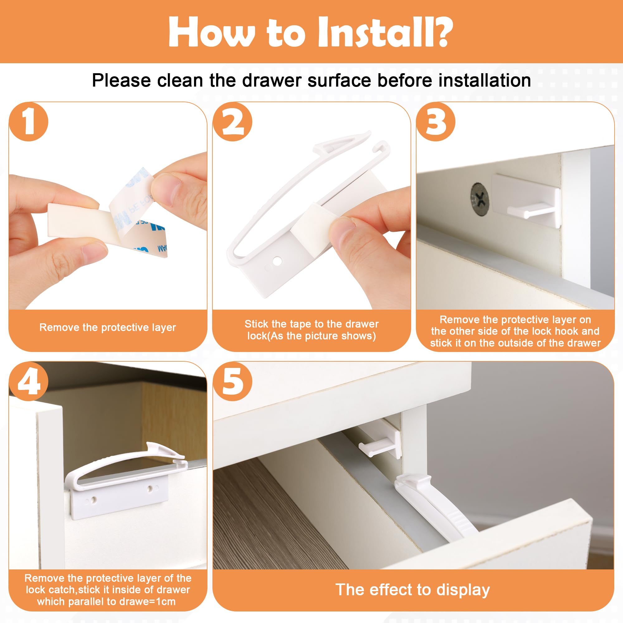 Coolrunner Child Safety Drawer Locks, 8 Pack Safety Invisible Drawer Latches with Strong Adhesive for Baby Care,Only fit for Some Drawer, Please See Below Before Buying