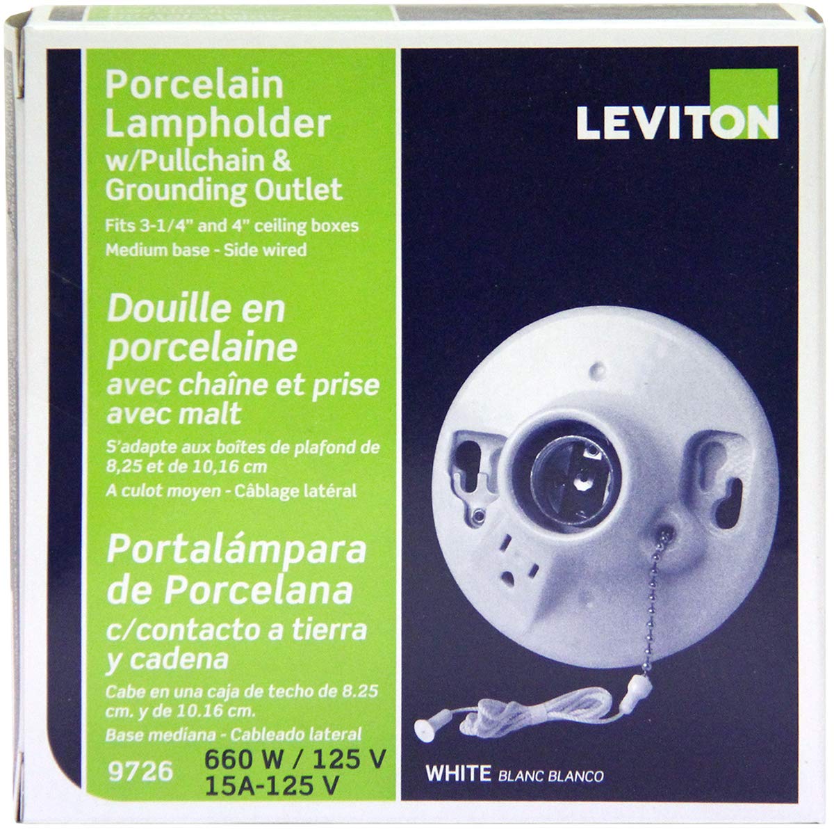 Leviton One-Piece Glazed Porcelain Outlet Box Mount, Incandescent Lampholder, Pull Chain, Top Wired, 9726-C, White