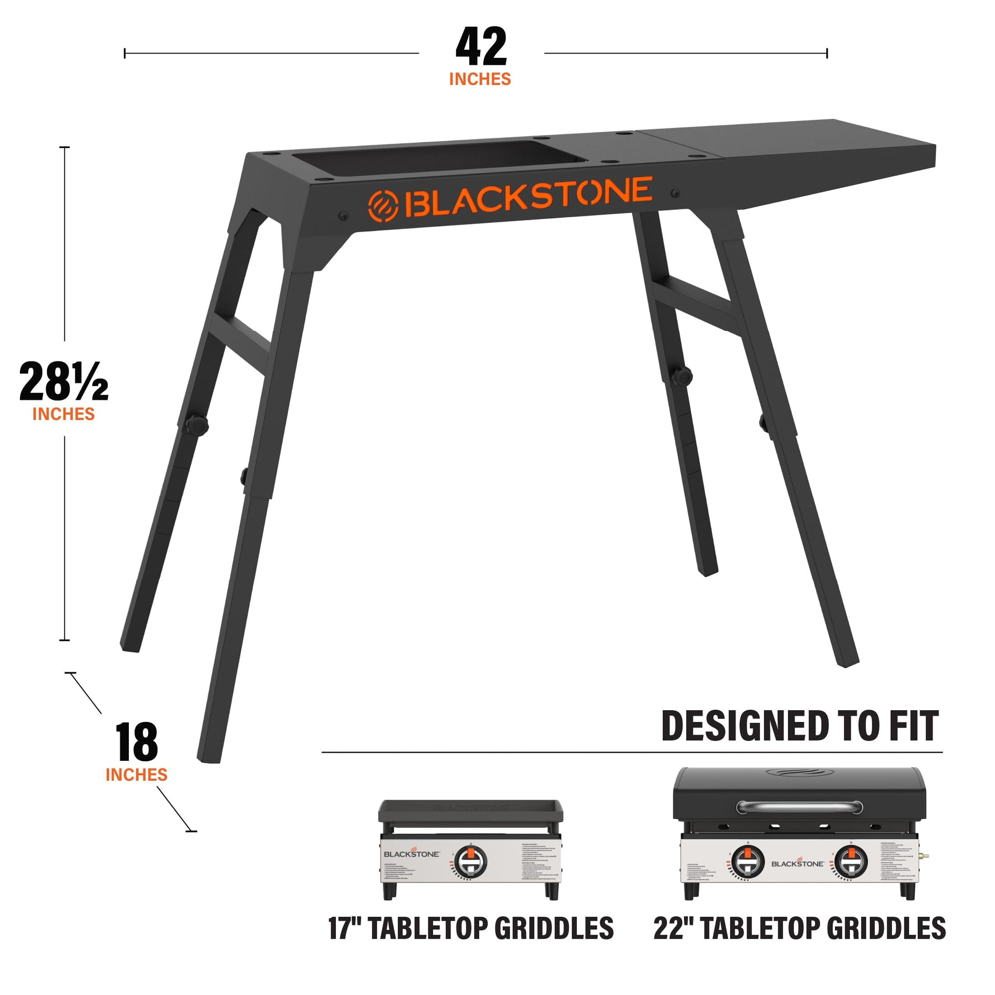 Blackstone 5013 Collapsible 17” and 22” Tabletop Griddle Stand with Adjustable Legs and a Removable Side Shelf, Powder Coated Steel, Black