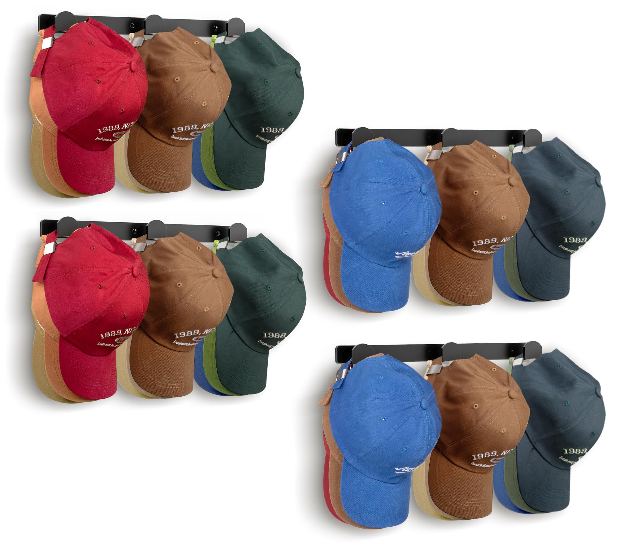 KIMBORA 4 Packs Hat Rack for Wall, Hat Organizer for Baseball Caps Holds 36 Hats, 3 Mounting Options Hat Hook Hanger, Strong Baseball Hat Holder Storage, Cap Display for Door, Room, Closet (Black)
