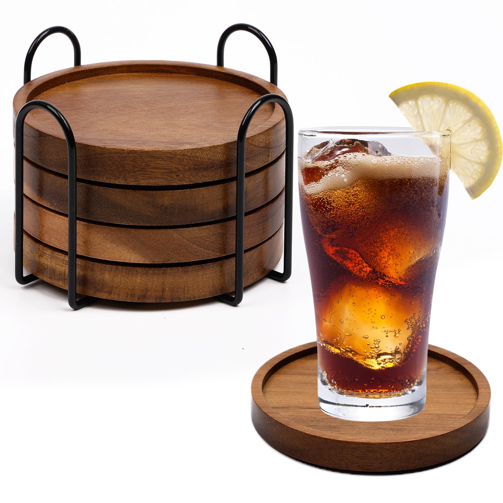 4 Pcs Wood Coasters for Drinks Absorbent, Wooden Coasters with Holder, Drink Coasters for Coffee Table, Absorbent Coaster Set for Table Protection Drink Coasters for Farmhouse, Office, Bar
