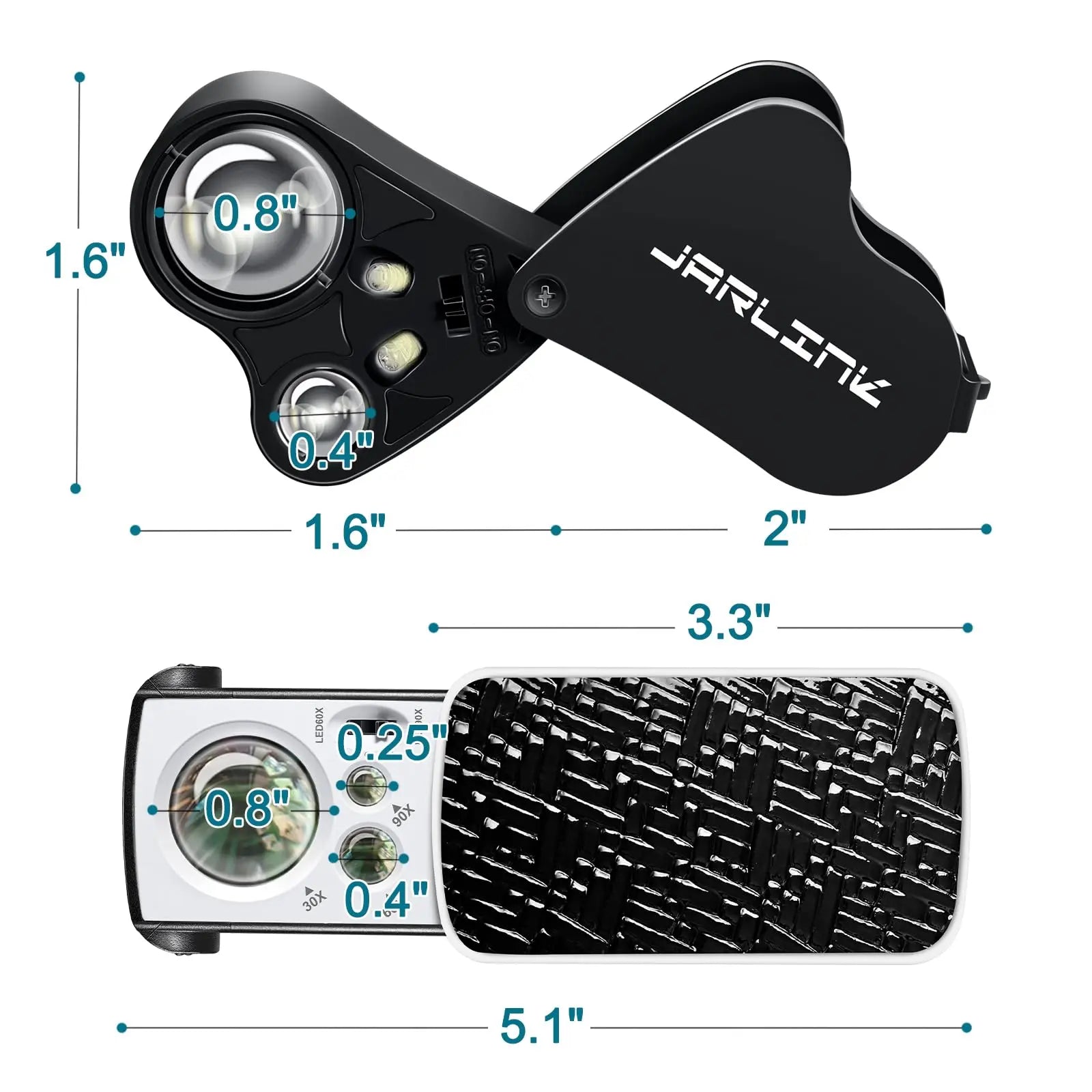 JARLINK 2 Pack Jewelers Loupe, 30X 60X 90X Illuminated Jewelers Eye Magnifier and Magnifying Glass Loop with UV Black Light and Bright LED Light for Gems, Jewelry, Diamond, Coins, Stamps (Black)
