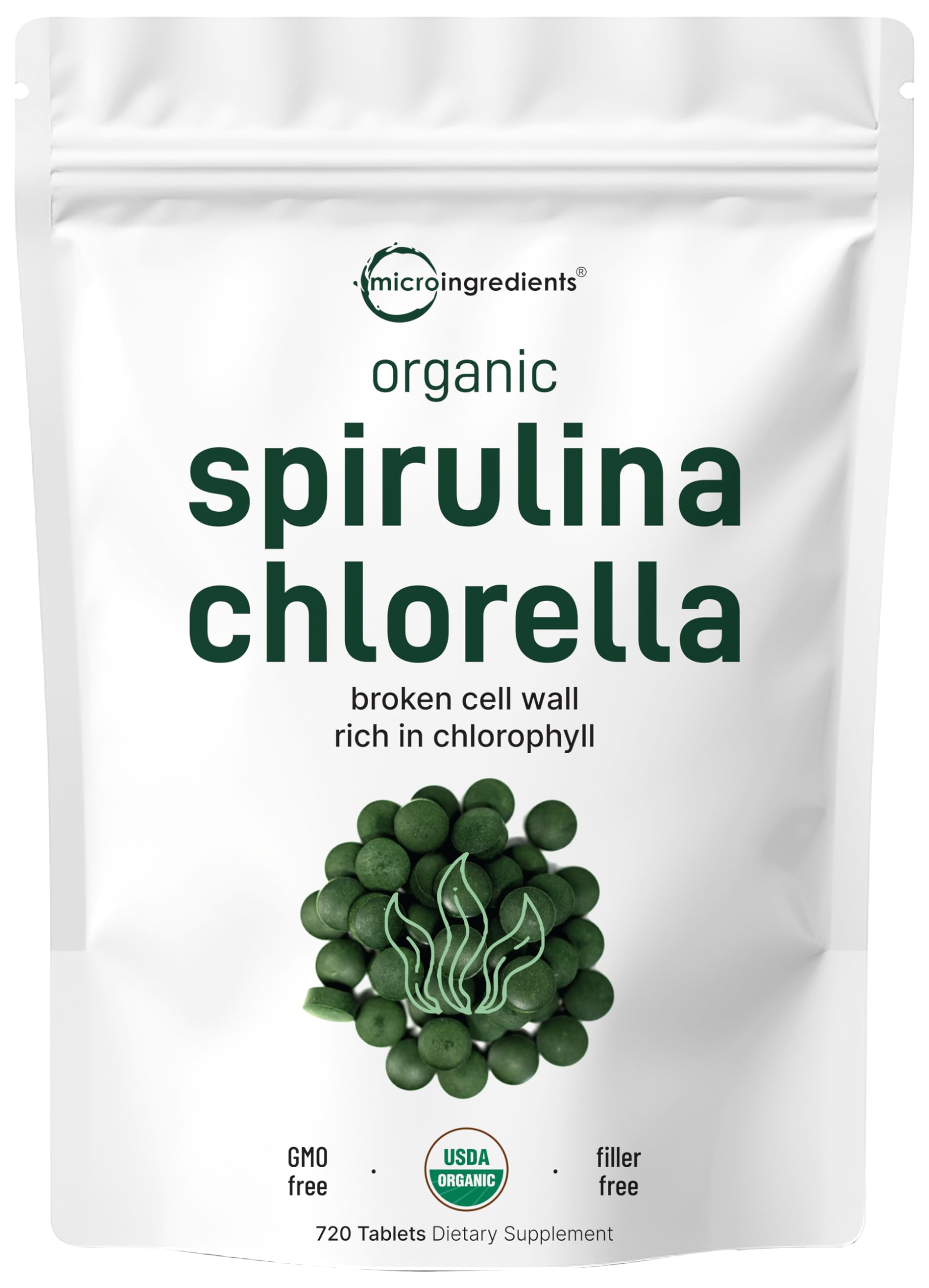 Micro Ingredients Organic Spirulina Chlorella Tablets, 720 Tablets (4 Month Supply) | 50/50 Blend Superfood | Cracked Cell Wall for Better Absorption | Rich in Vegan Protein & Chlorophyll