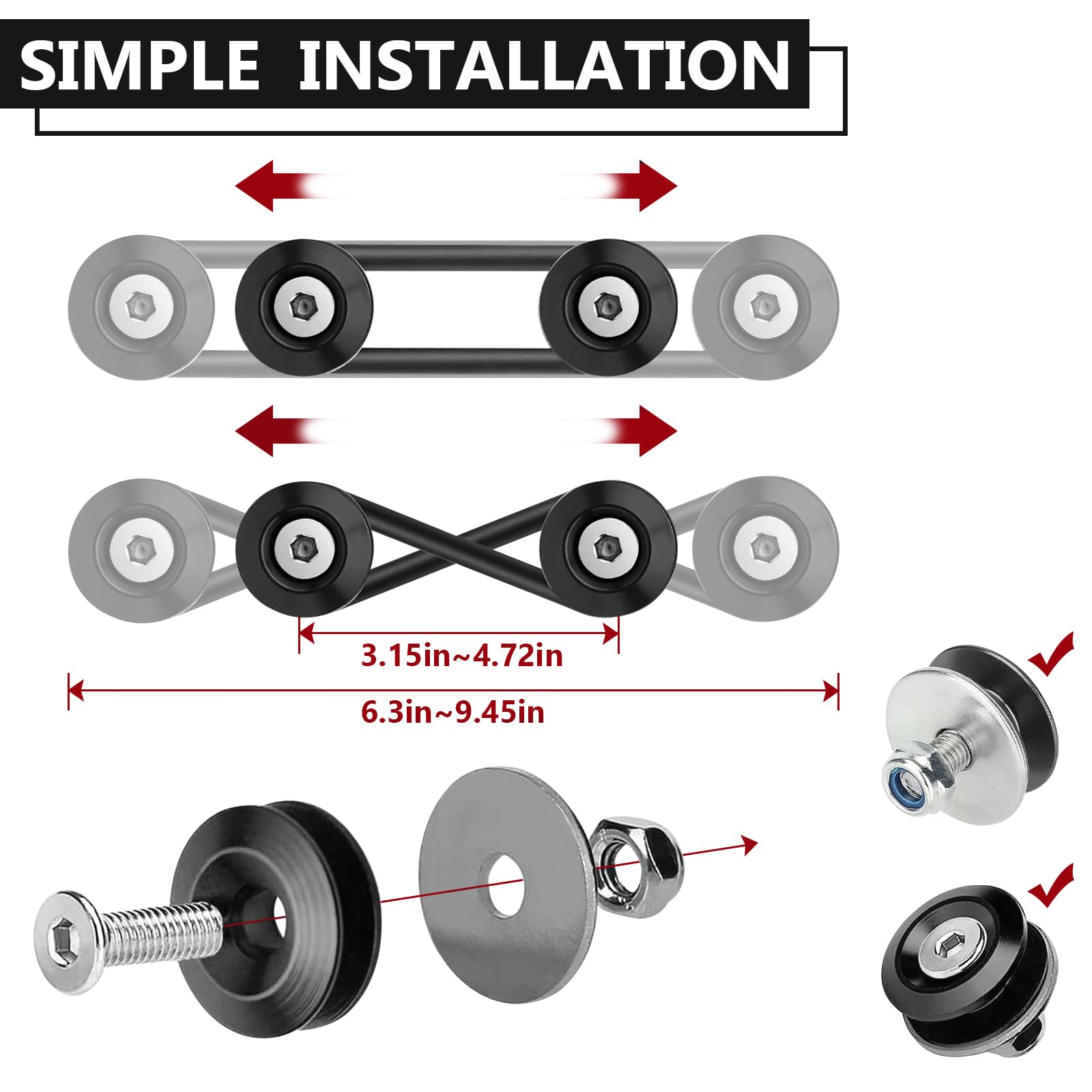BFXM Universal Bumper Clips, Front Rear Bumper Quick Release Kit, Bumper Holders for Cars (4 Black Bumper Quick Release Tabs and 12 Customized O-Rings)