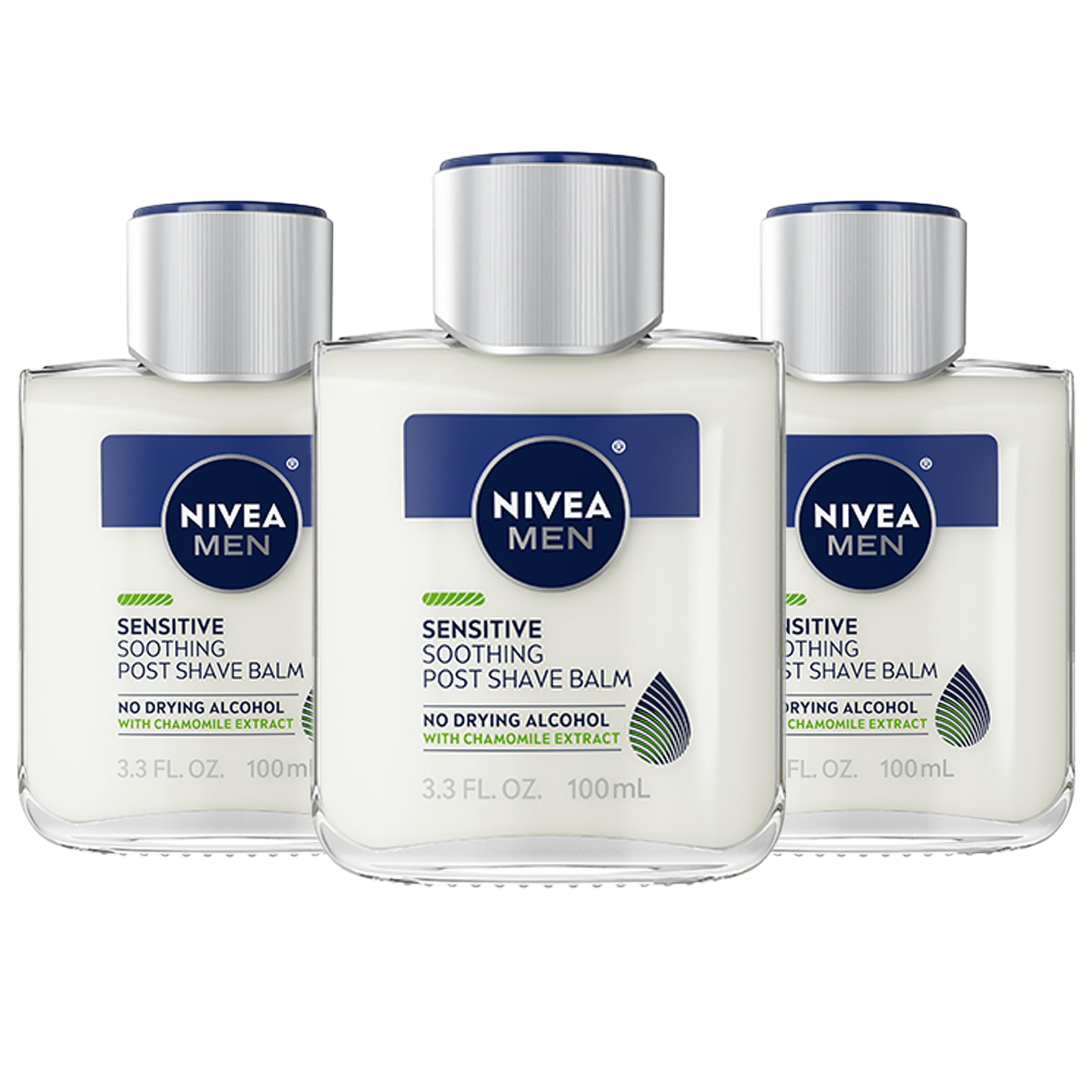 NIVEA MEN Sensitive Sanfter After Shave Balsam mit Vitamin E, Pro-Vitamin B5 und Kamillenextrakt, alkoholfreier After Shave Balsam für Männer, nicht fettend, 100 ml Flasche, 3er-Pack
