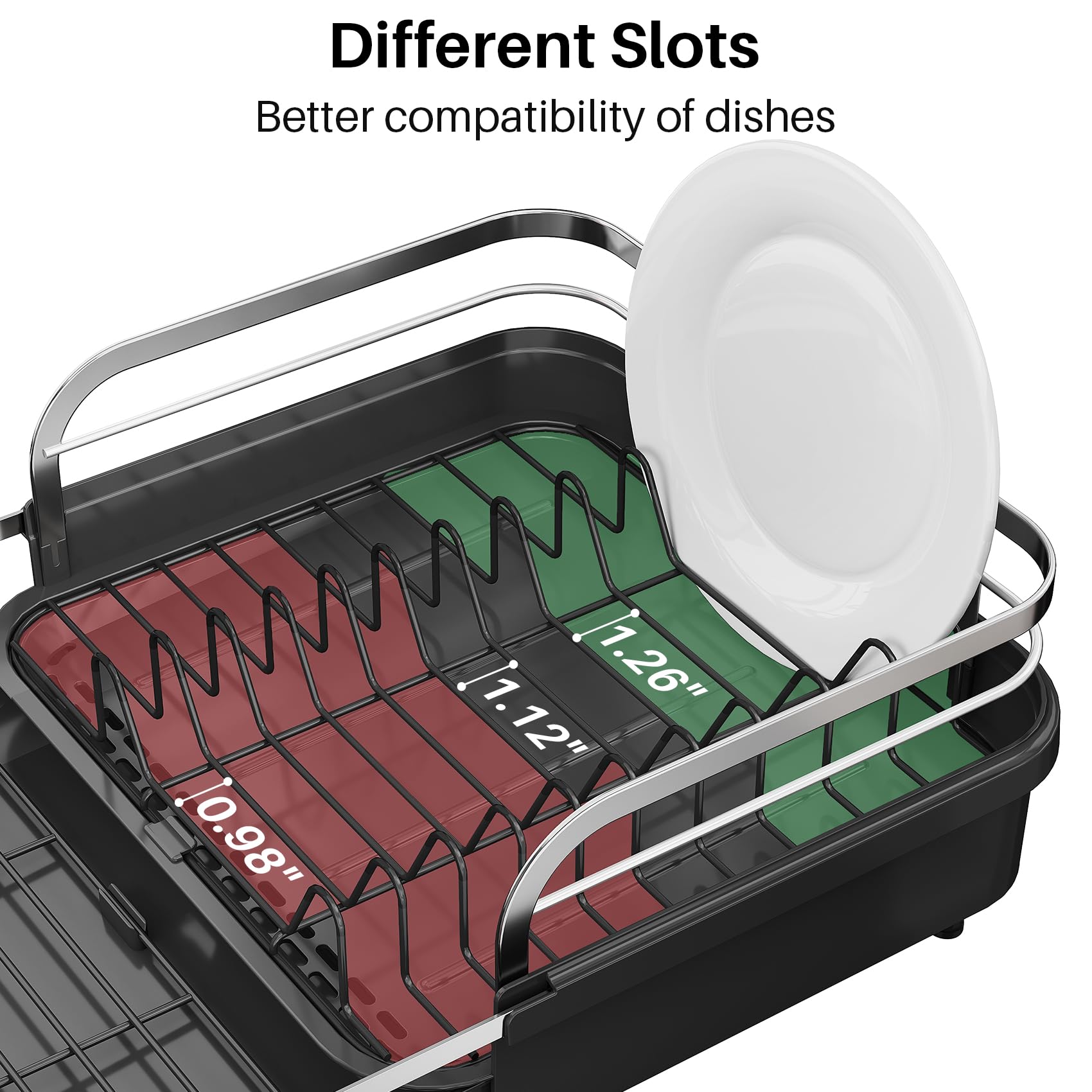 Dish Drying Rack, Expandable Dish Rack for Kitchen Counter, Stainless Steel Dish Drainer with Drainboard Set and Utensil Holder (Black)