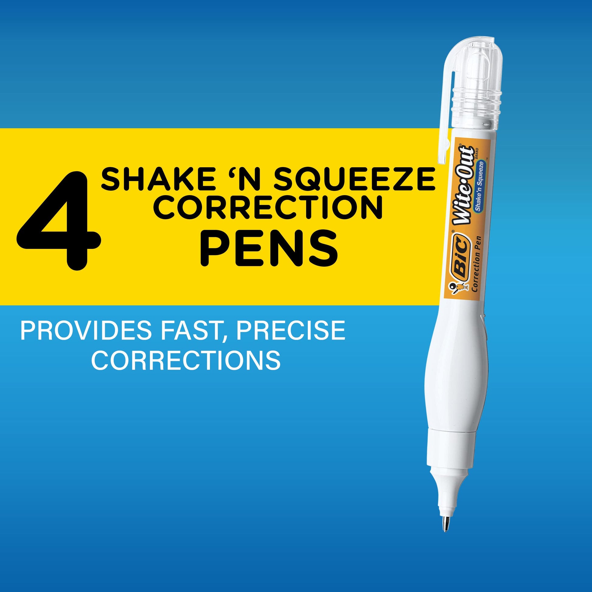 BIC Wite-Out Brand Shake 'n Squeeze Correction Pen, 8 ML Correction Fluid, 4-Count Pack of white Correction Pens, Fast, Clean and Easy to Use Pen Office or School Supplies