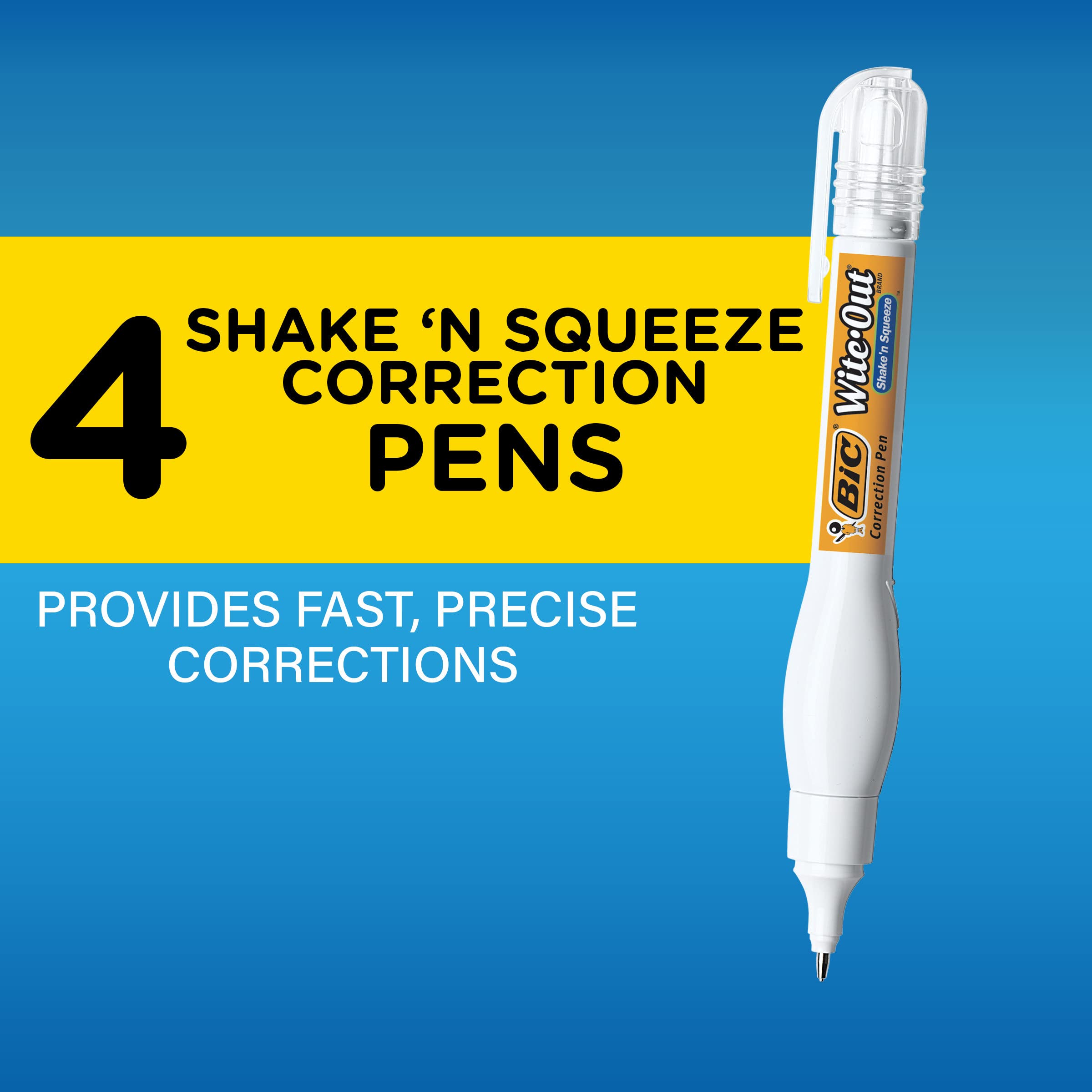 BIC Wite-Out Brand Shake 'n Squeeze Correction Pen, 8 ML Correction Fluid, 4-Count Pack of white Correction Pens, Fast, Clean and Easy to Use Pen Office or School Supplies