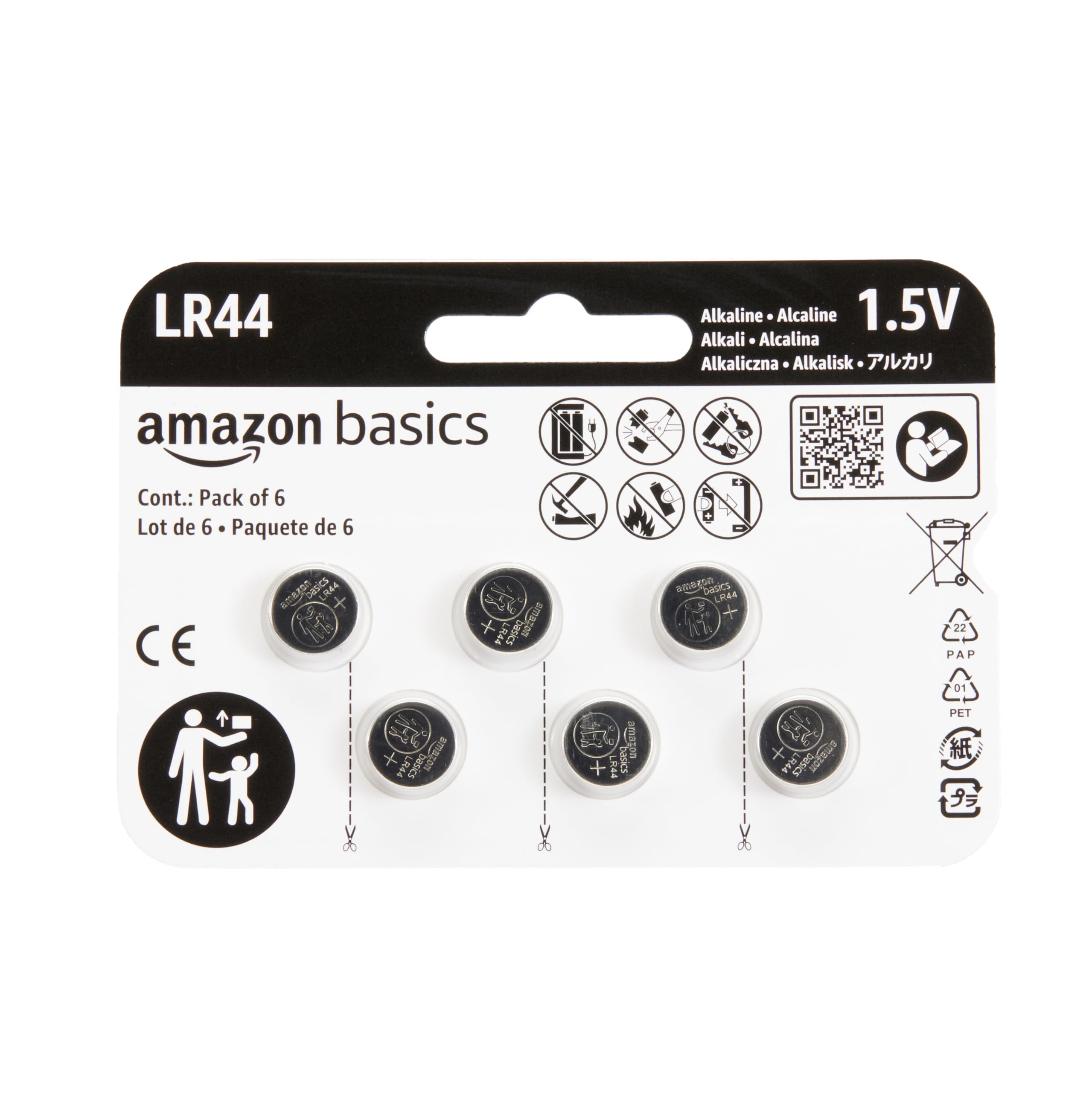 Basics 6-Pack LR44 Alkaline Button Coin Cell Battery, 1.5 Volt, Long Lasting Power, Mercury-Free