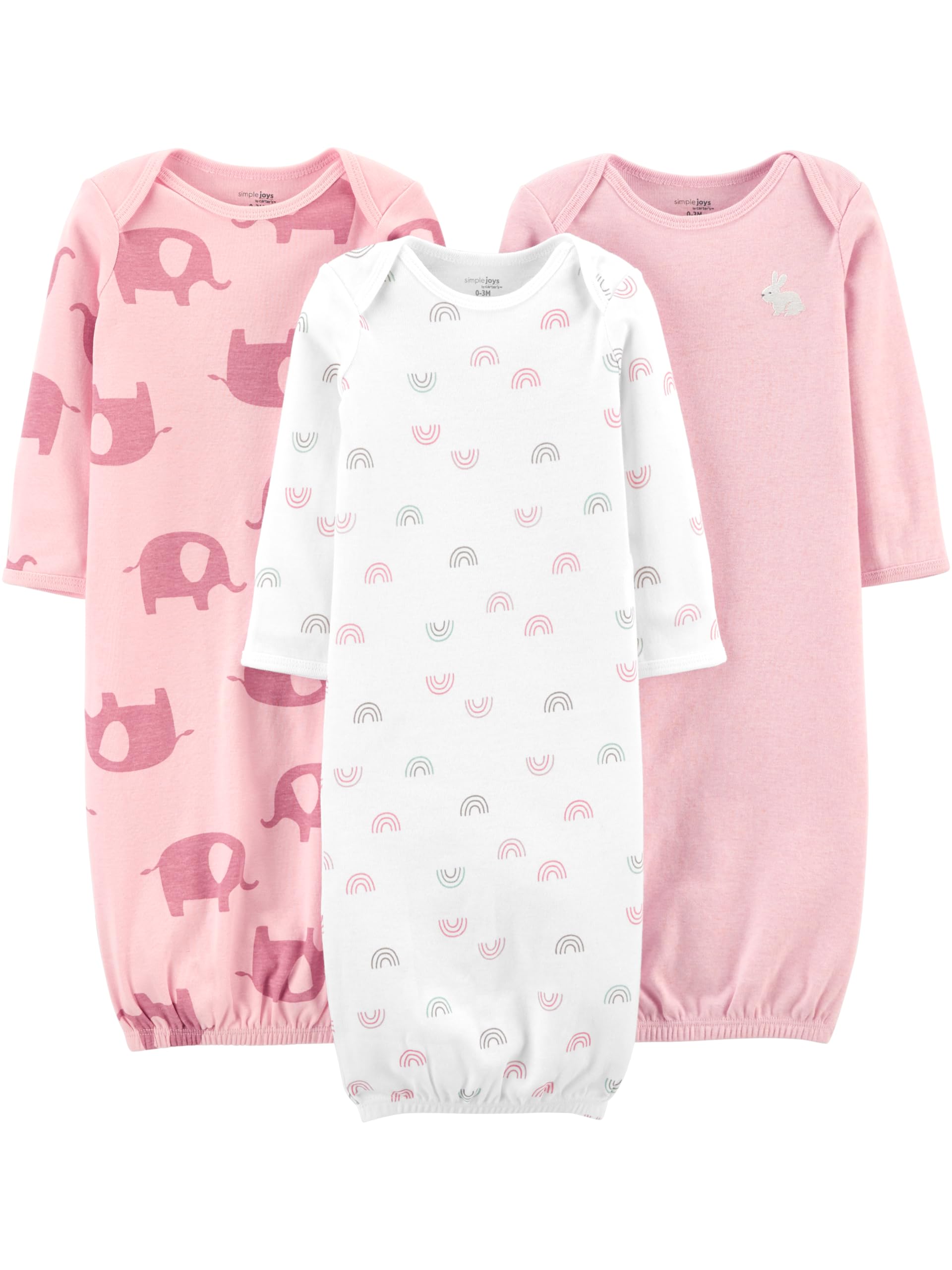 Simple Joys by Carter's Baby Girls' Cotton Sleeper Gown, Pack of 3, Light Pink Bunny/White Rainbow/Elephants, 0-3 Months