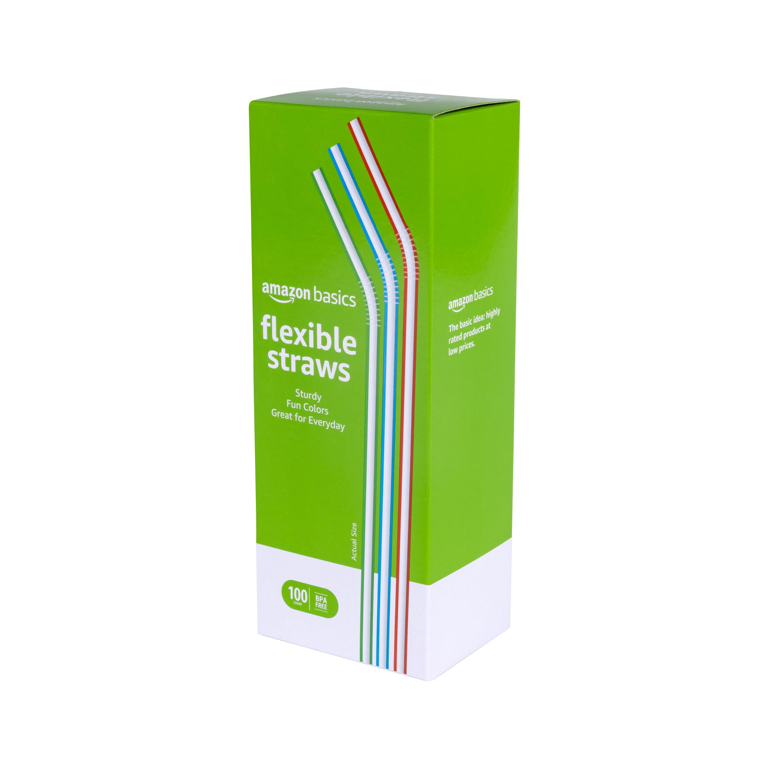 Basics Disposable Striped Plastic Flex Straws, 7.5" Long, Assorted Colors, 100 Count, Large Pack