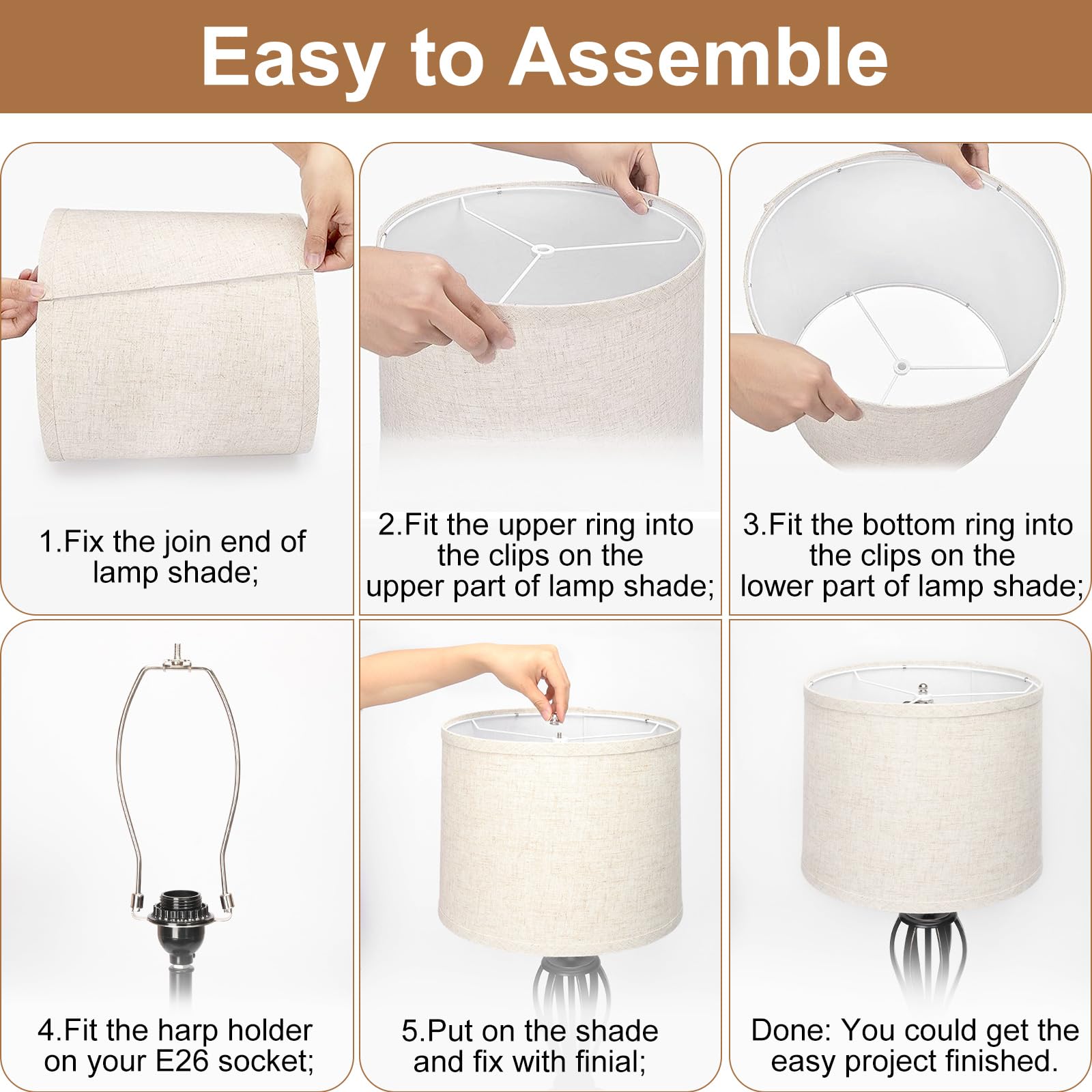 Lampshades Set of 2, Drum Lampshades 11.6" Top x 12.6" Bottom x 9.8" High, Seaside village Medium Lampshades (Spider Fitter), Beige Lampshades Natural Linen Hand Crafted, Easy Assembly Required
