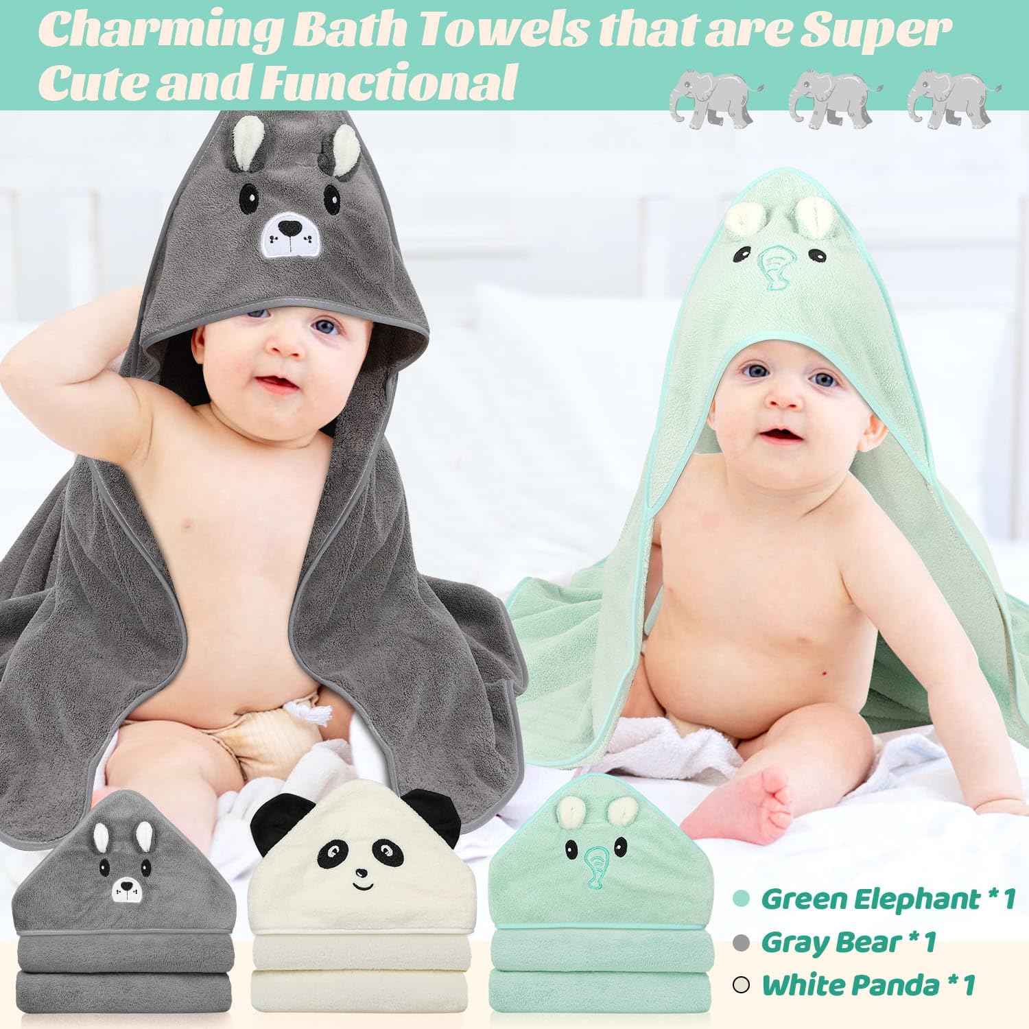 Sublaga 12 PCS Baby Towels, 3 PCS Soft Hooded Baby Towels & 9 PCS Washcloths, Baby Bath Towels for Newborns, Infants & Toddlers- Ultra Absorbent, Cute Baby Towel Gift for Boys & Girls