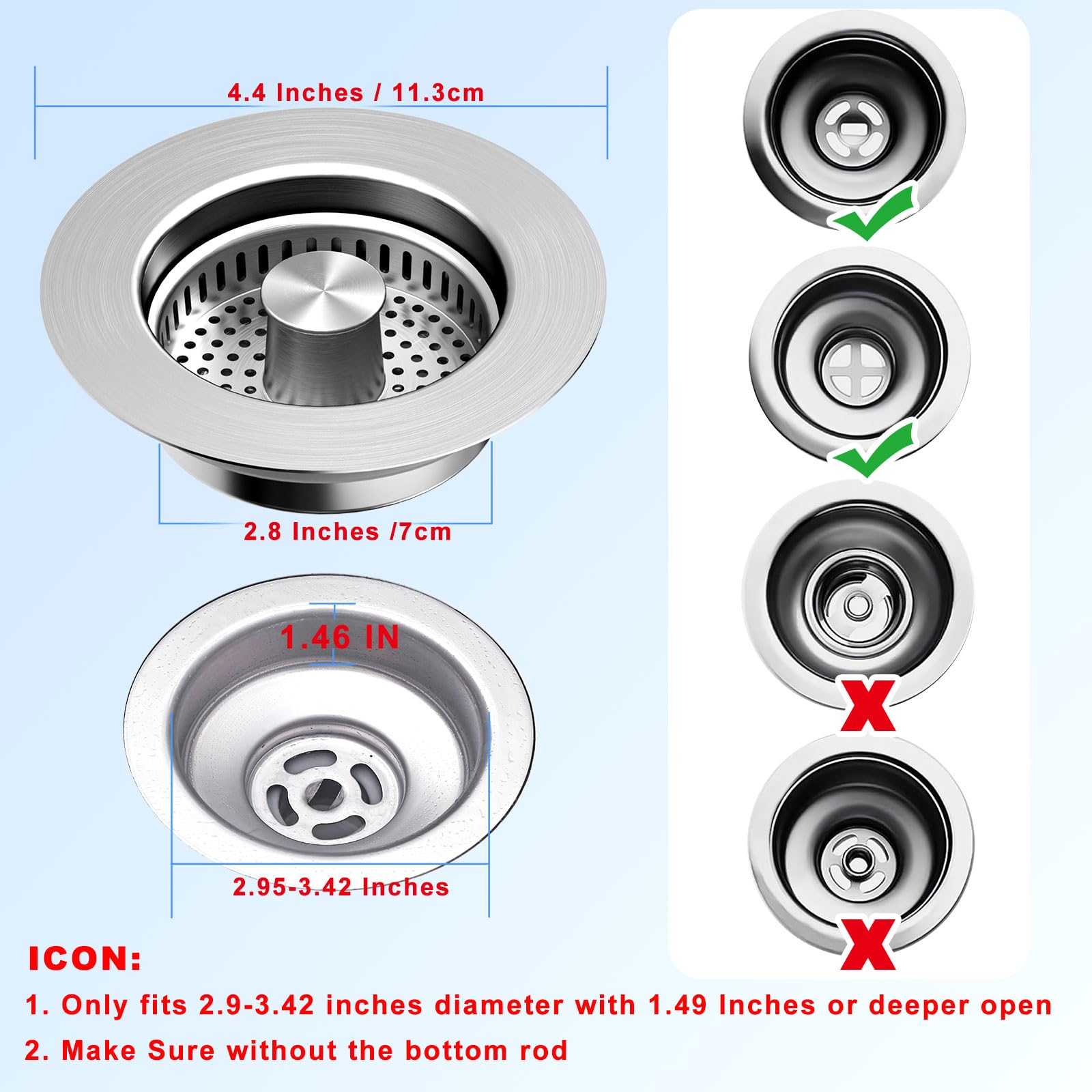 3-in-1 Kitchen Sink Drain Strainer & Stopper with Basket, Stainless Steel Drain Plug Cover Catcher for Food Waste - Sink Accessories for Home or Kitchen Sink Shroom Fit US Standard 3-1/2'' Drain Hole