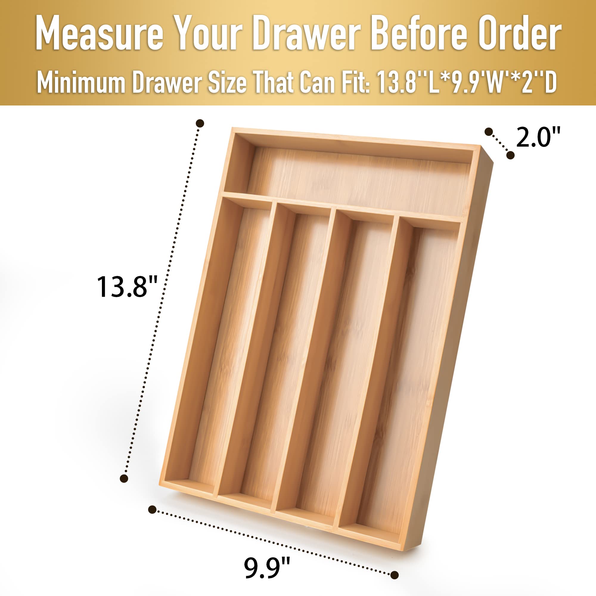 Besilord Silverware Organizer Kitchen Drawer Organizer Utensil Organizer Bamboo Silverware Holder Cutlery Organizer in Drawer Flatware Organizer Tray(5 slots, Natural