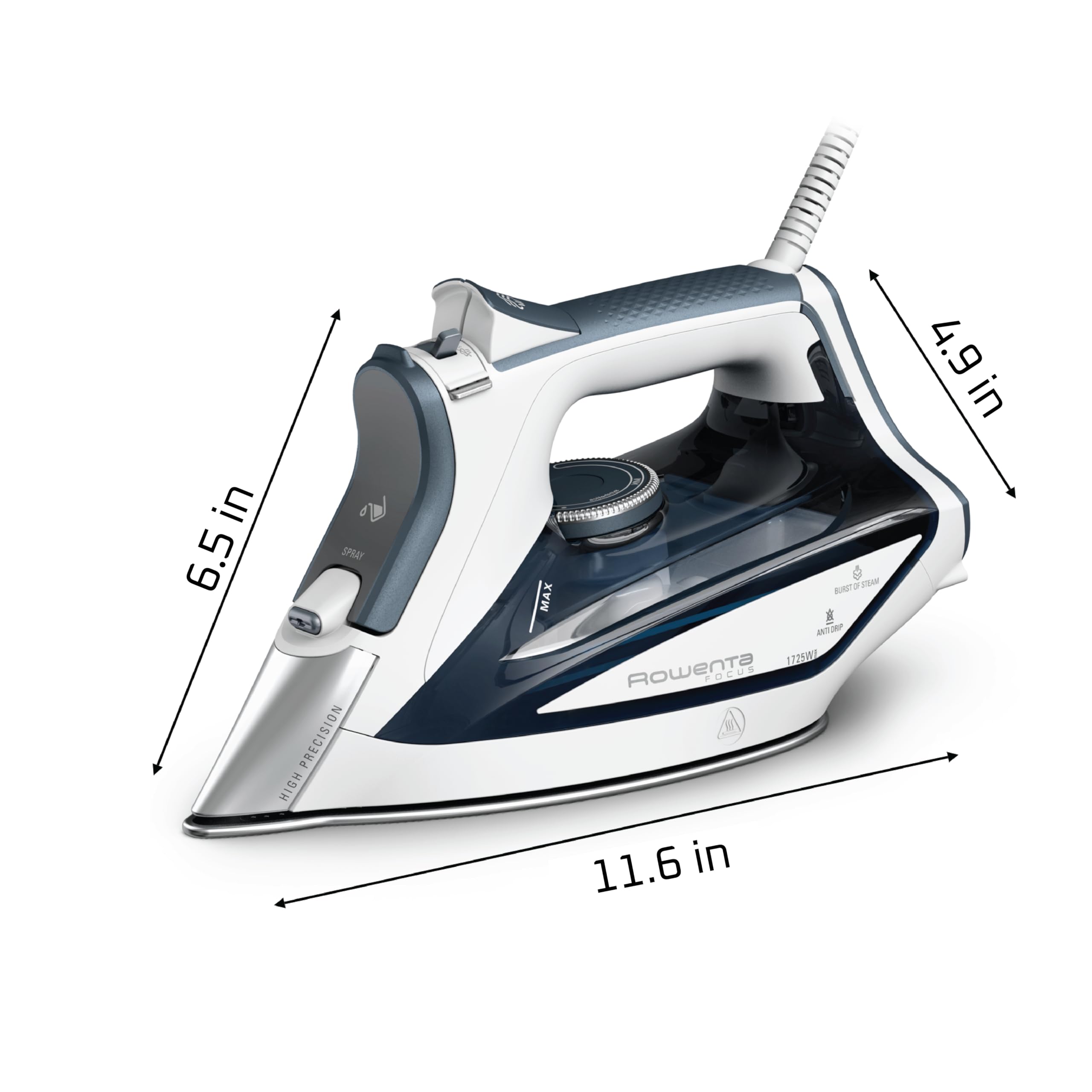 Rowenta Iron Steamer for Clothes, Powerful Steam Iron with Steamers, Focus Stainless Steel Soleplate, 400 Microsteam Holes, Lightweight, Leakproof, 1725 Watts, DW5280