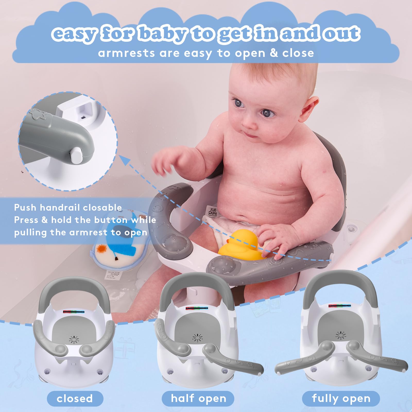 NFSVLB Baby Bath Seat for Babies 6 Months & Up Sitting Up with Temperature Alert+Soft Cushion+Suction Cup,Infant Bath Seat for Baby Bath Chair Toddler Bath seat for Bathtub Tub Shower Grey