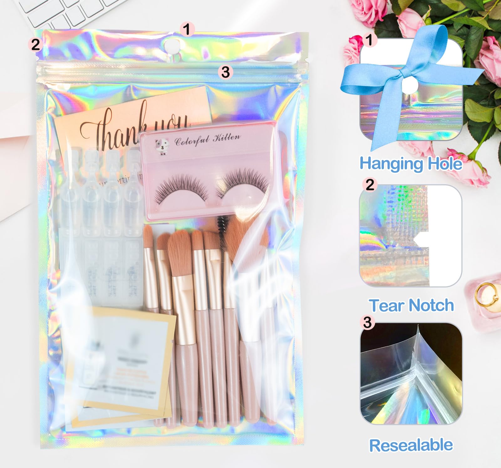 Trunple Smell Proof Bags & Resealable Foil Pouch Mylar Sample Bag Great for Party Favor Food Storage (Holographic Color) (50pcs-6x9 inch)