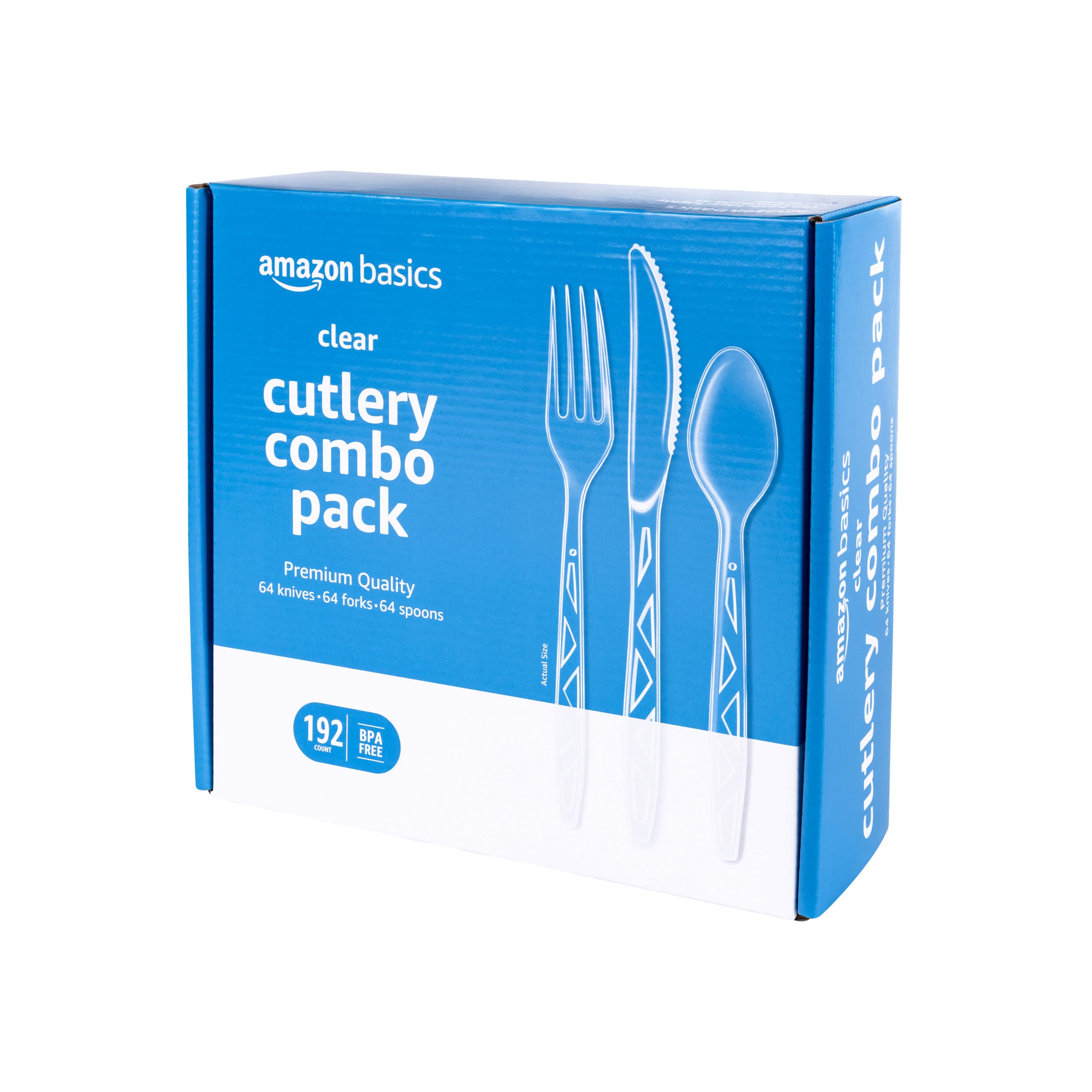 Basics Disposable Clear Assorted Cutlery Set, Premium Quality, 192 Count, Large Combo Pack Forks, Spoon and Knives