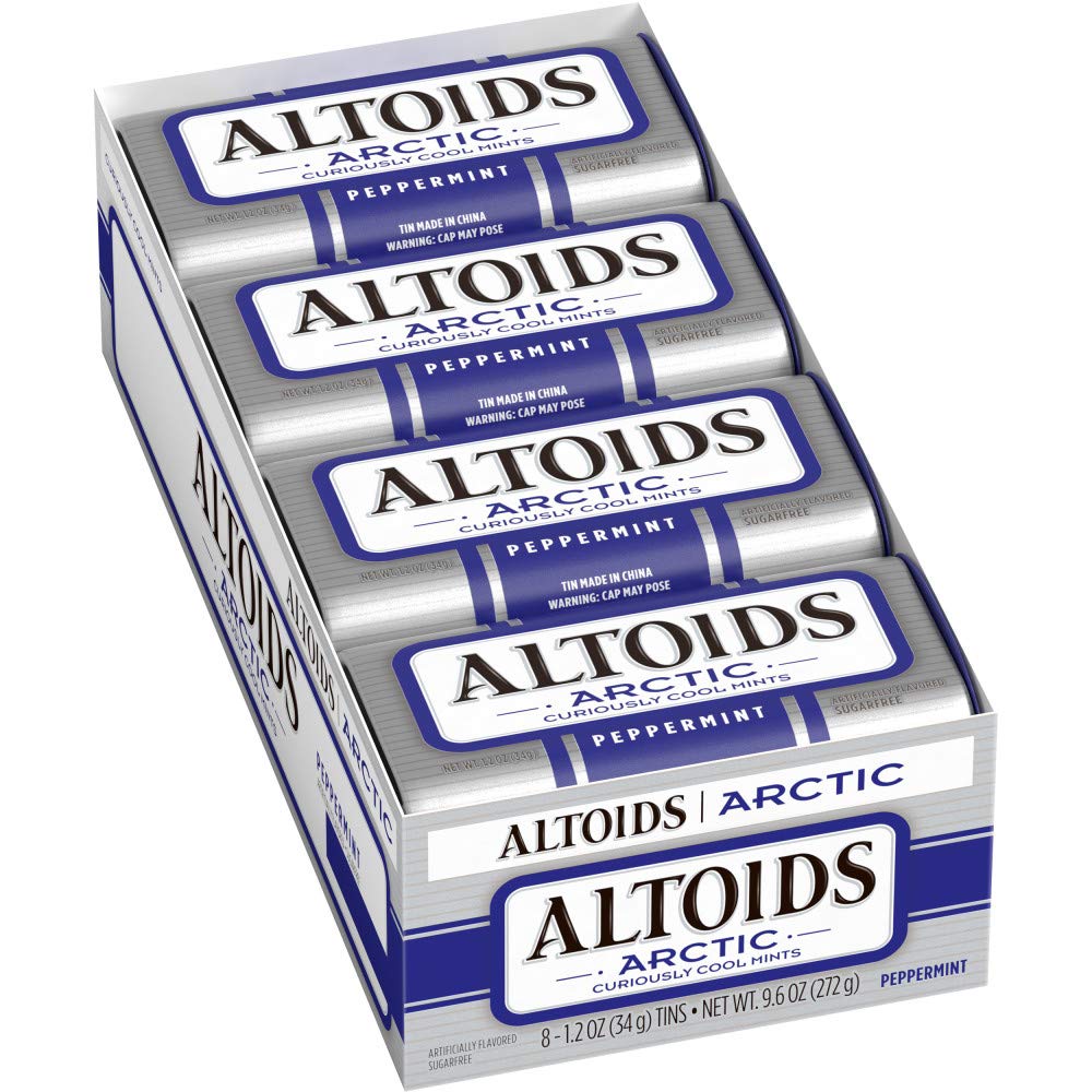 ALTOIDS Arctic Peppermint Breath Mints - حلوى ألتويدز الصلبة السائبة، نعناع خالٍ من السكر 1.2 أونصة علبة، عبوة من 8