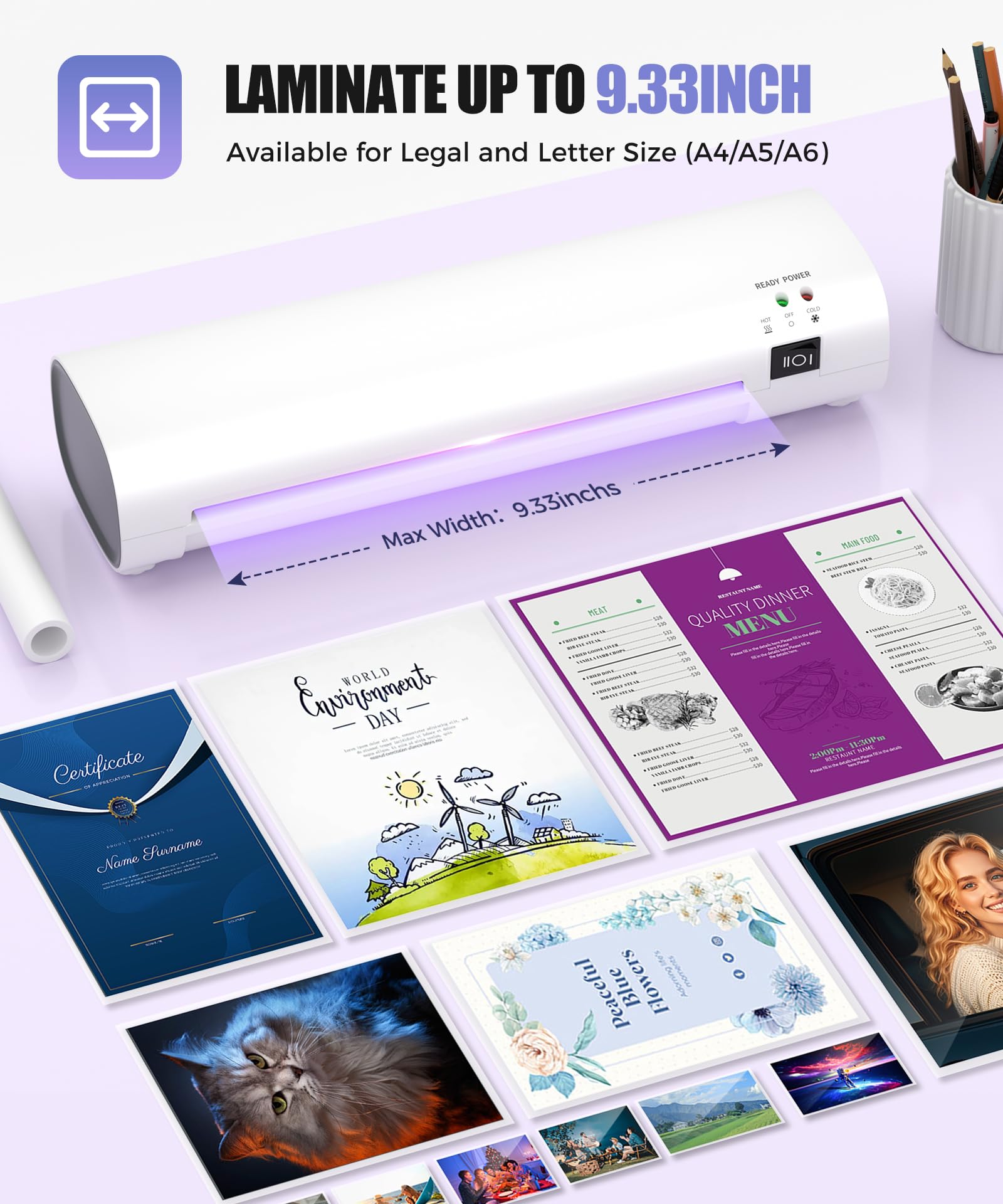 9 Inch Laminator Machine with Never Jam Technology, 40 Laminating Sheets, 4-in-1 A4 Thermal Laminator with Trimmer and Corner Rounder for Office, School, Business and Home Use - White