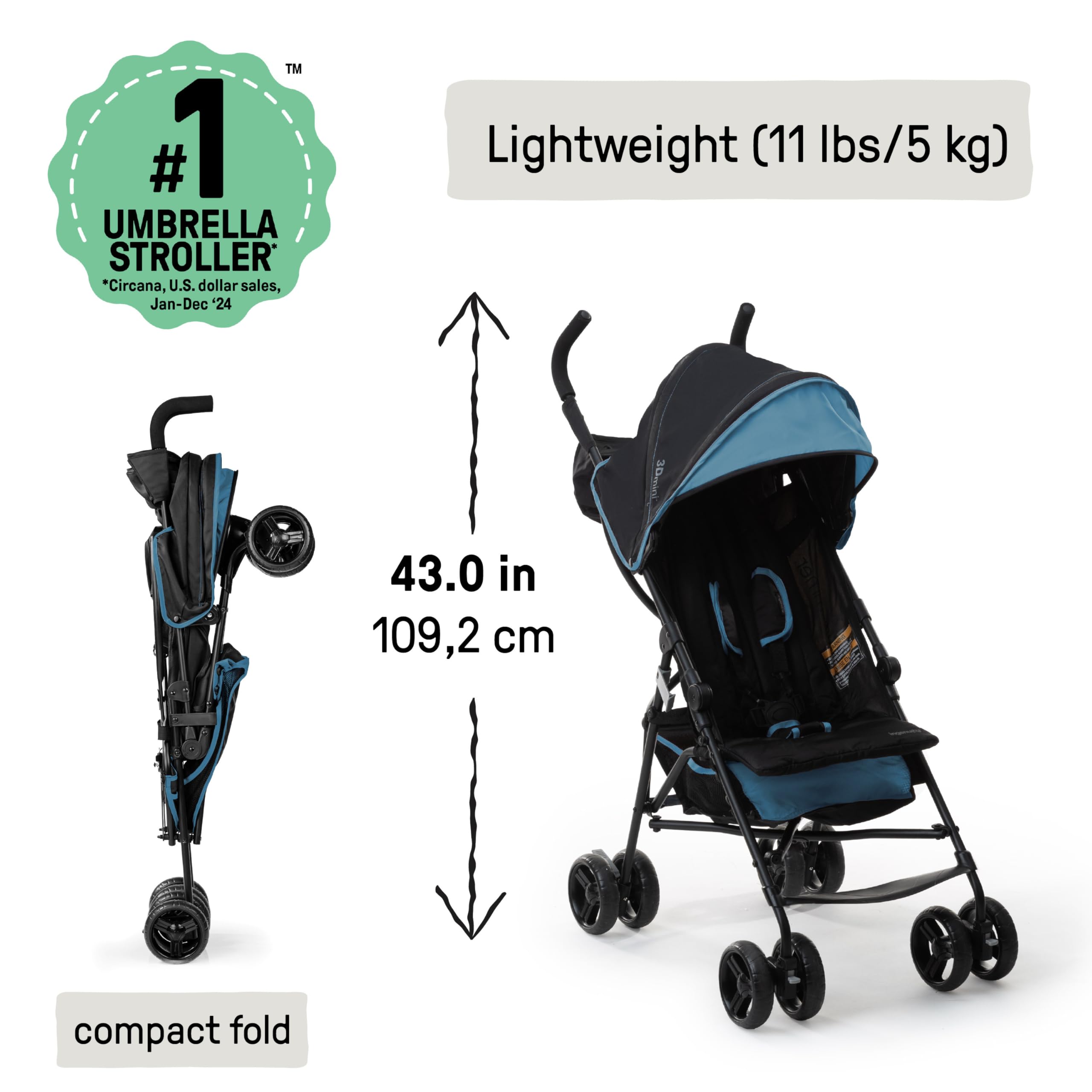 Ingenuity 3D Mini Convenience Stroller – Lightweight Stroller with Compact Fold, Multi-Position Recline, Canopy with Pop Out Sun Visor – Umbrella Stroller for Travel & More, Blue/Black