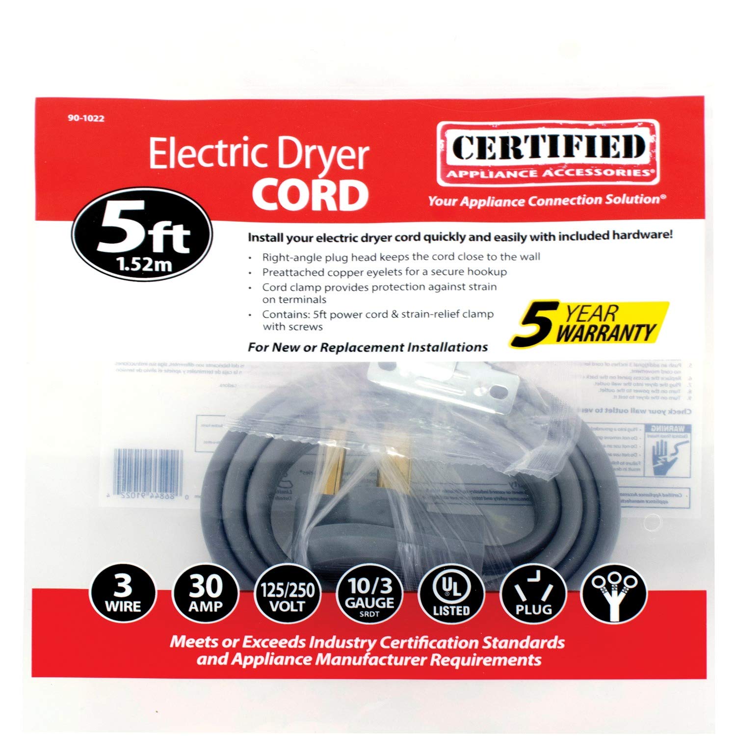 Certified Appliance Accessories 30-Amp Appliance Power Cord, 3 Prong Dryer Cord, 3 Wires with Eyelet Connectors, 5 Feet, Copper Wire