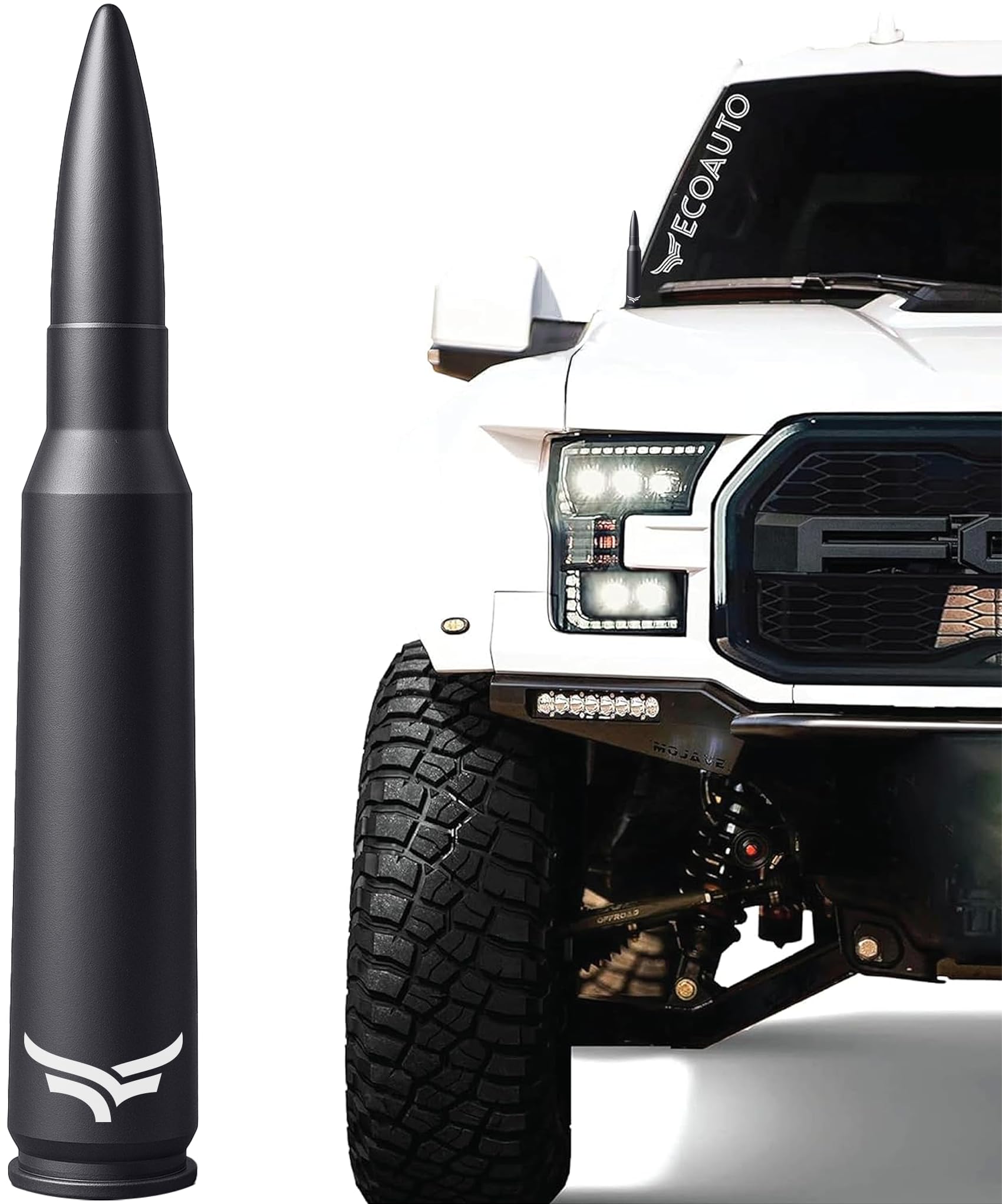 هوائي EcoAuto 50 Cal Bullet لسيارات فورد F150 وF250 وF350 ودودج رام وفورد رابتور برونكو - قم بترقية مظهر شاحنتك على الفور باستخدام هوائي F150 - غطاء هوائي مضاد للسرقة - هوائي رصاصي أسود مطفأ اللمعة
