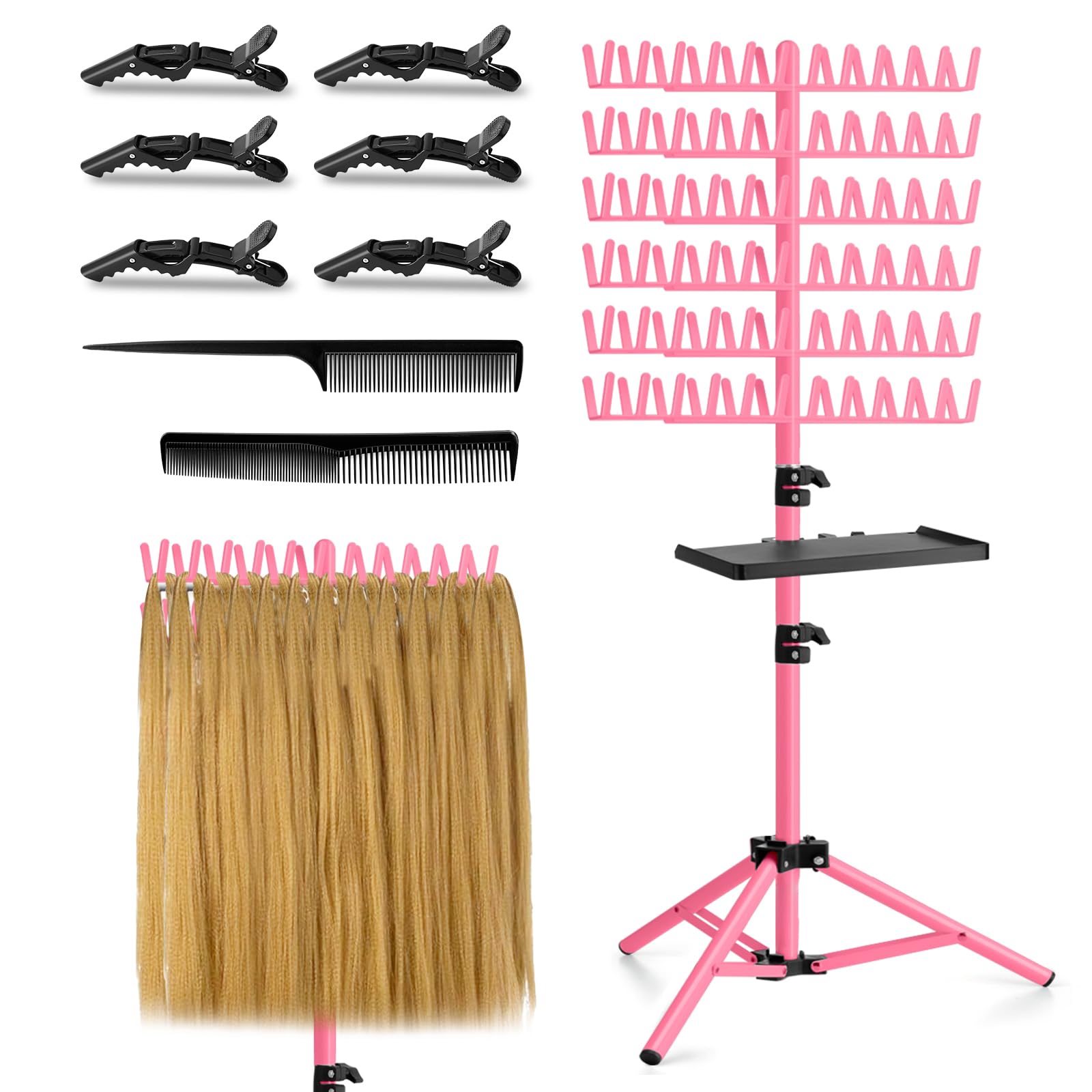 OLMRJKD Braiding Hair Rack with Tray, 144 Pegs Height Adjustable Braiding Rack, 2-side Hair Extension Holder Hanger, Hair Stand with Stylist Hair Braiding Tools for Hair Salon Home Traveling (Pink)