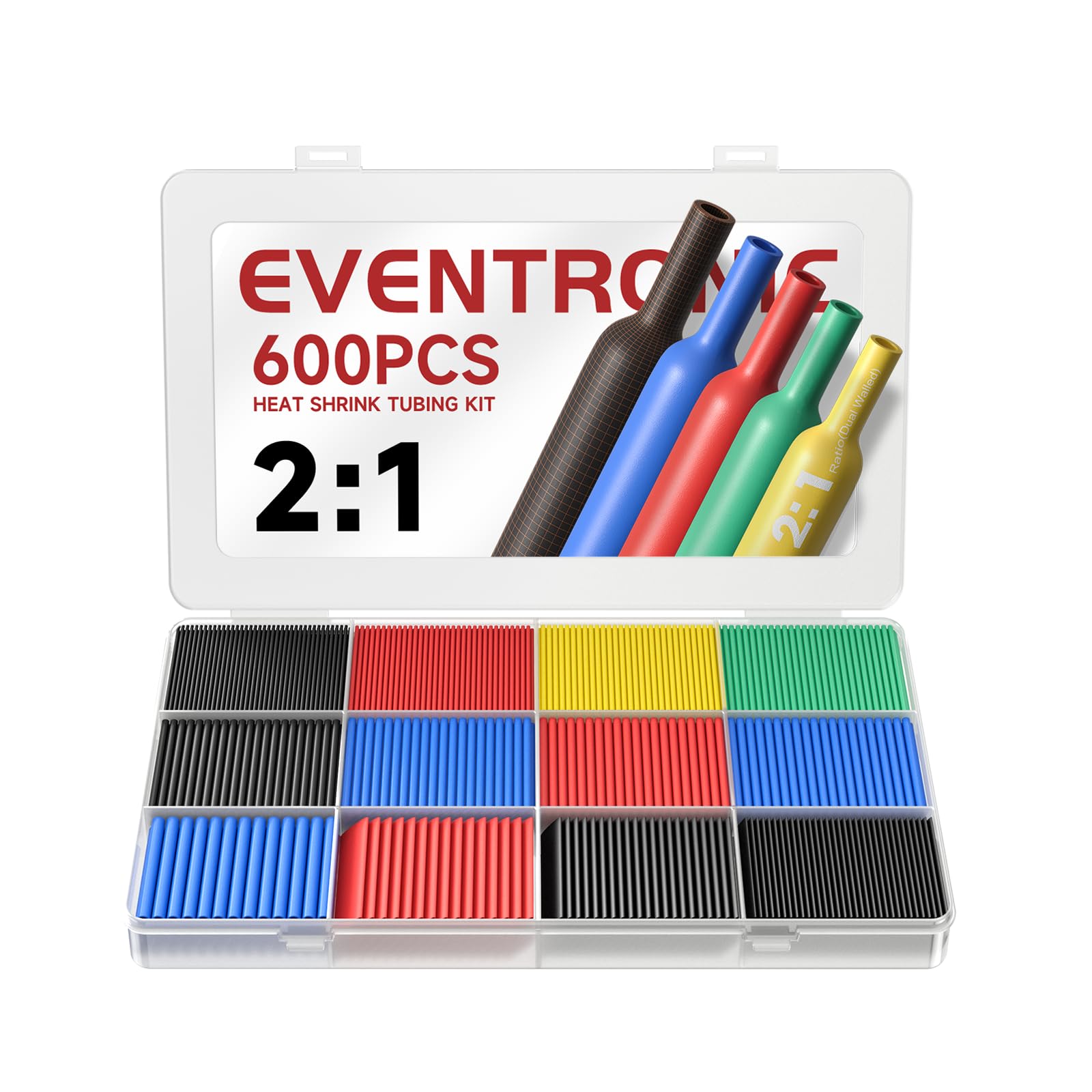 Eventronic 600 قطعة أنابيب الانكماش الحراري 2:1، مجموعة تغليف كابلات الأسلاك الكهربائية عازل كهربائي، طقم أنابيب الانكماش الحراري مع صندوق (5 ألوان/12 مقاسًا)، أسود، أحمر، أزرق، أصفر، أخضر