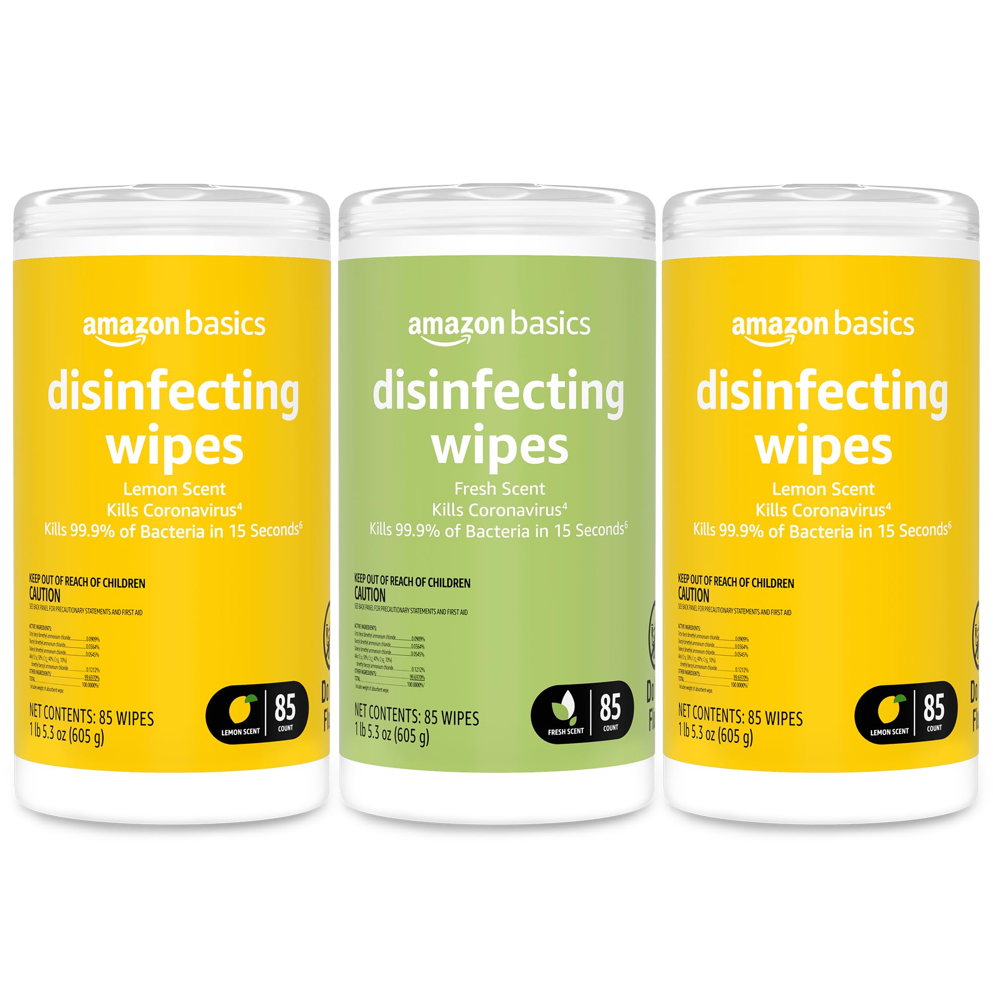Basics Disinfecting Wipes, Lemon & Fresh Scent, Sanitizes, Cleans & Deodorizes, 255 Count (3 Packs of 85)