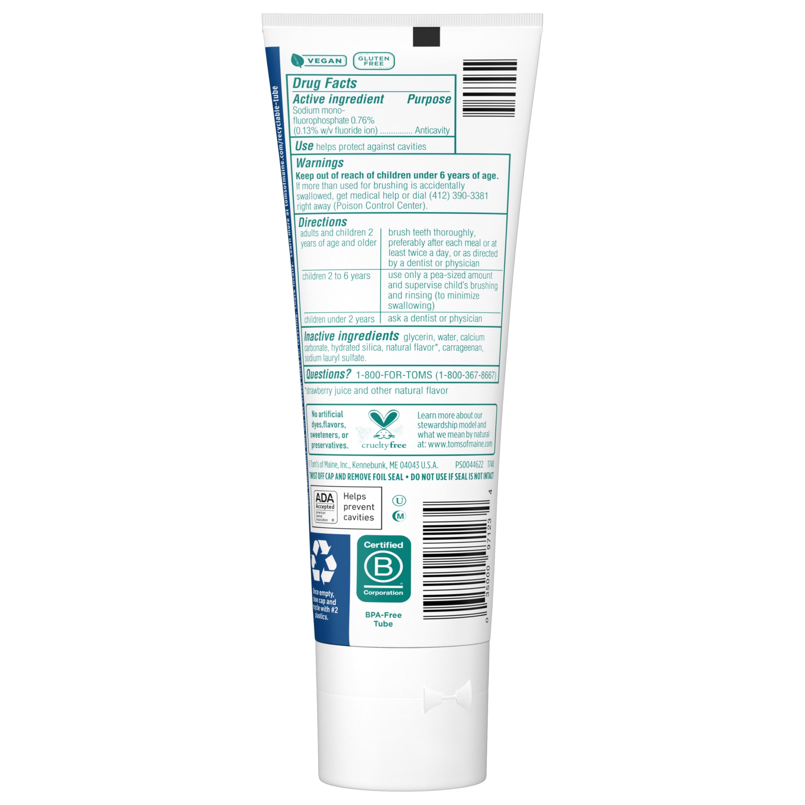 Tom's of Maine ADA Approved Fluoride Kids Toothpaste, Natural Toothpaste, Dye Free, No Artificial Preservatives, Silly Strawberry, 5.1 oz. 3-Pack (Packaging May Vary)