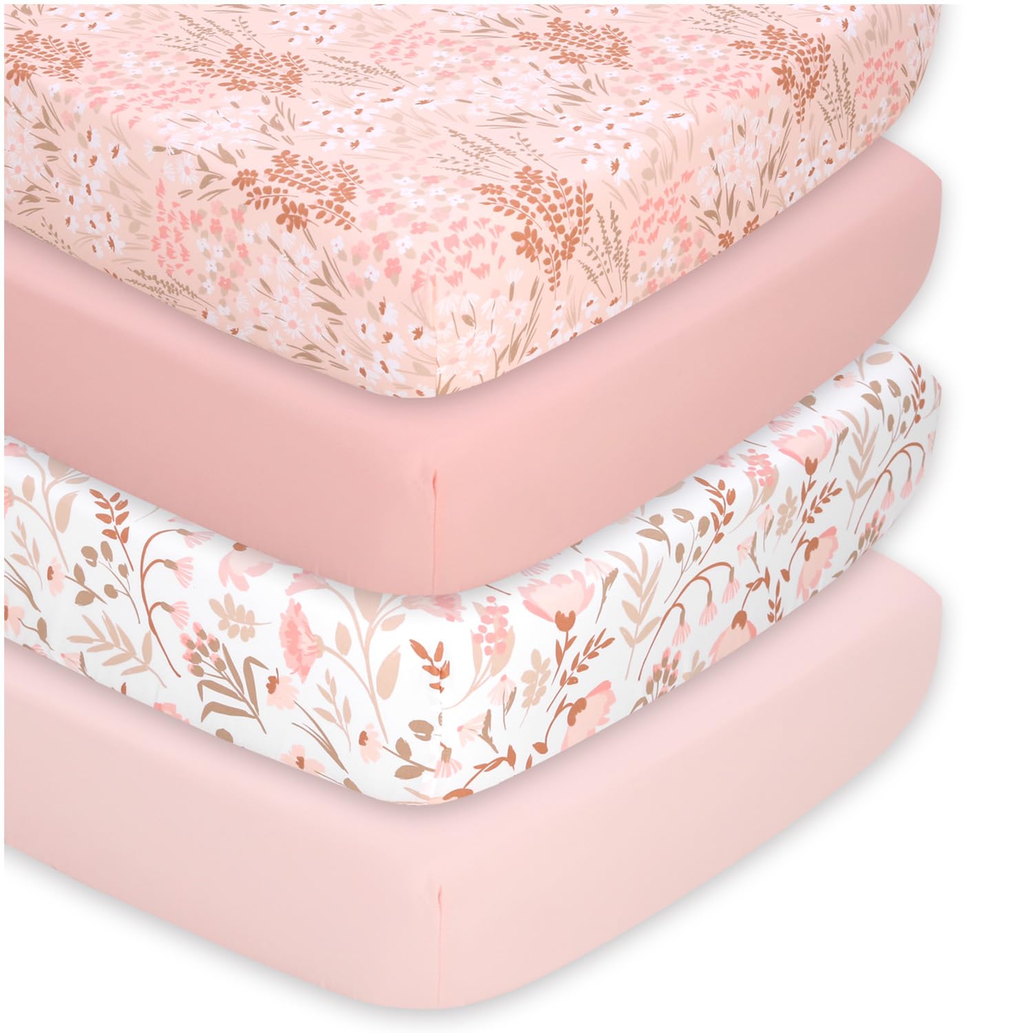 The Peanutshell 4er-Pack Spannbettlaken für Babybetten – Superweiche und atmungsaktive Babybettlaken für Mädchen, Kinderzimmer-Deko, passend für Standard-Matratzenbezüge – Verspieltes Blumenmuster