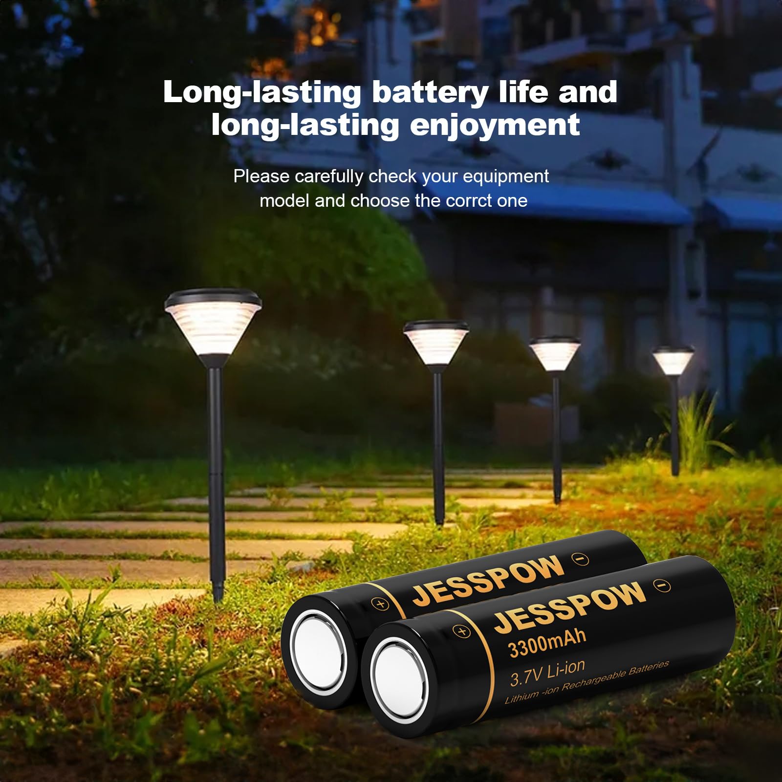 JESSPOW 18650 Rechargeable Battery 3.7V 3300mAh Flat Top, Batteries for Flashlight, Camera, Small Fan, Outdoor Garden Lights 4 Pack
