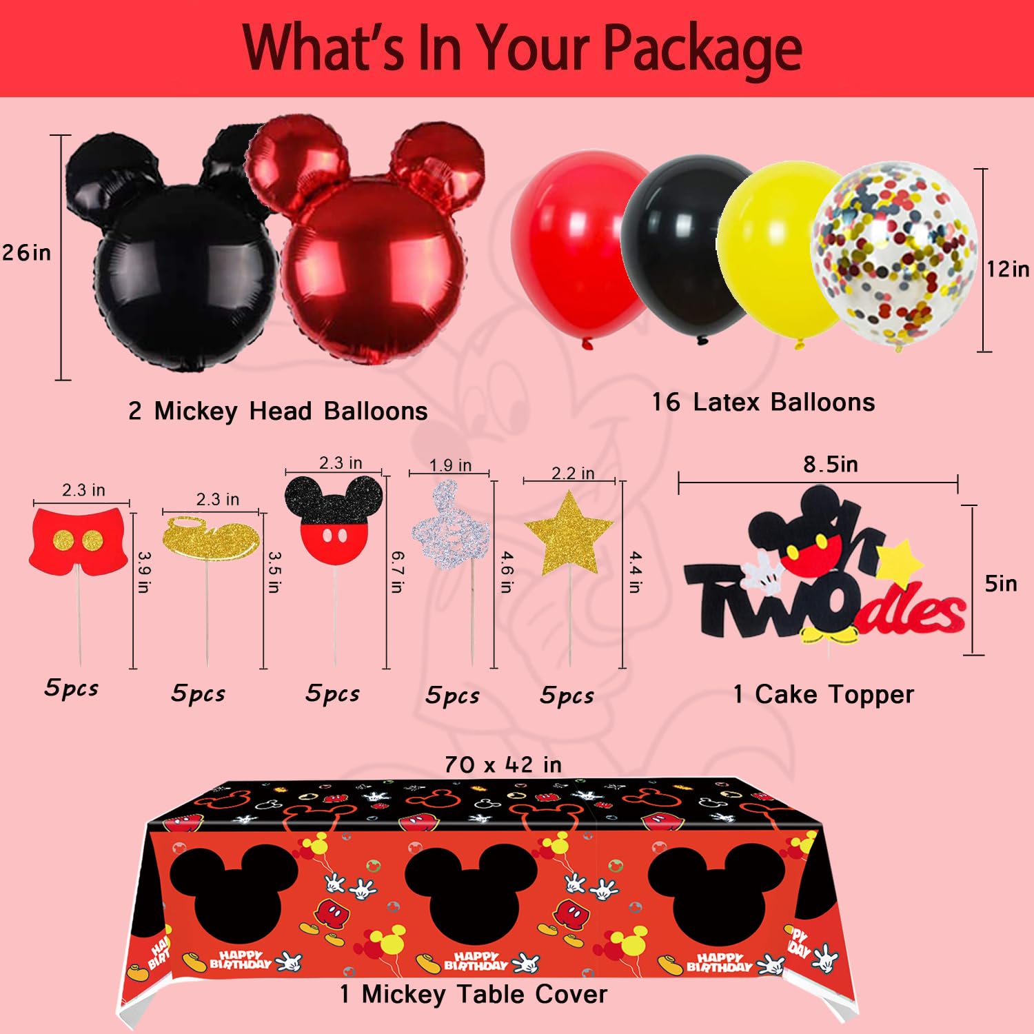Mickey Mouse 2nd Birthday Party Supplies Oh Twodles Theme Party Decorations Includes Felt Banner,Welcome Hanger Door Sign, Tablecloth,Cake Cupcake Toppers,Mickey Head Balloons, 12 Latex Balloon,